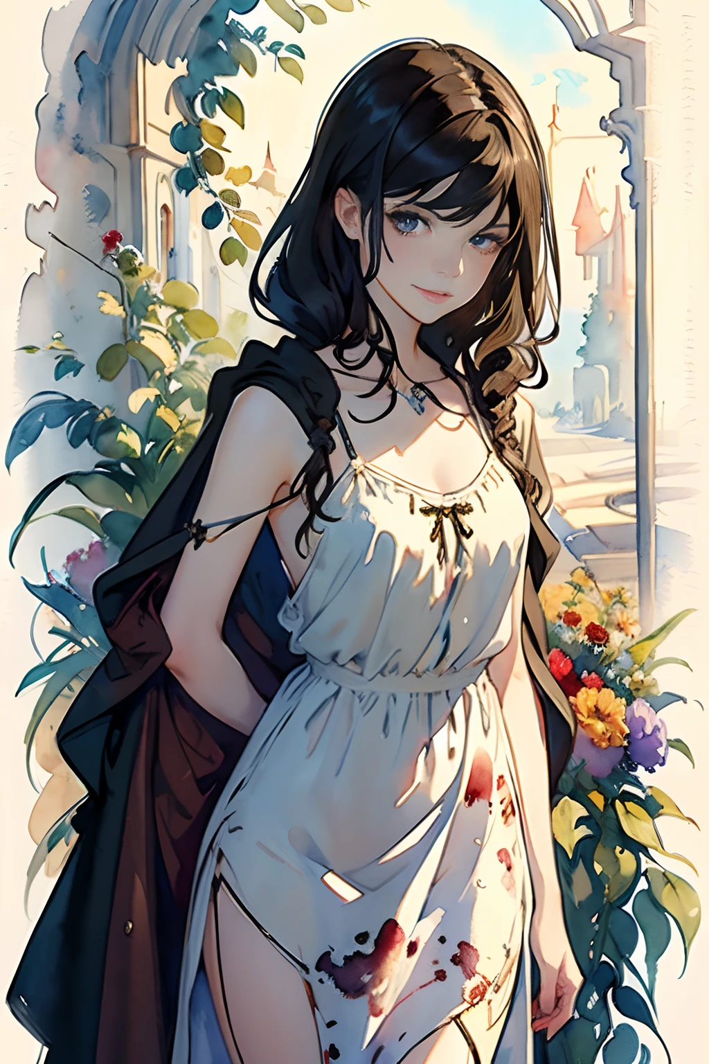 (((Watercolor by singer Sargent))) 21-year-old beauty, Spaghetti Strap Dress, dark brown hair、 ((Corkscrew hairstyle)) (((eyes up))) (((Looking at Viewer))) Smiling happy woman, Cloak and hoodie