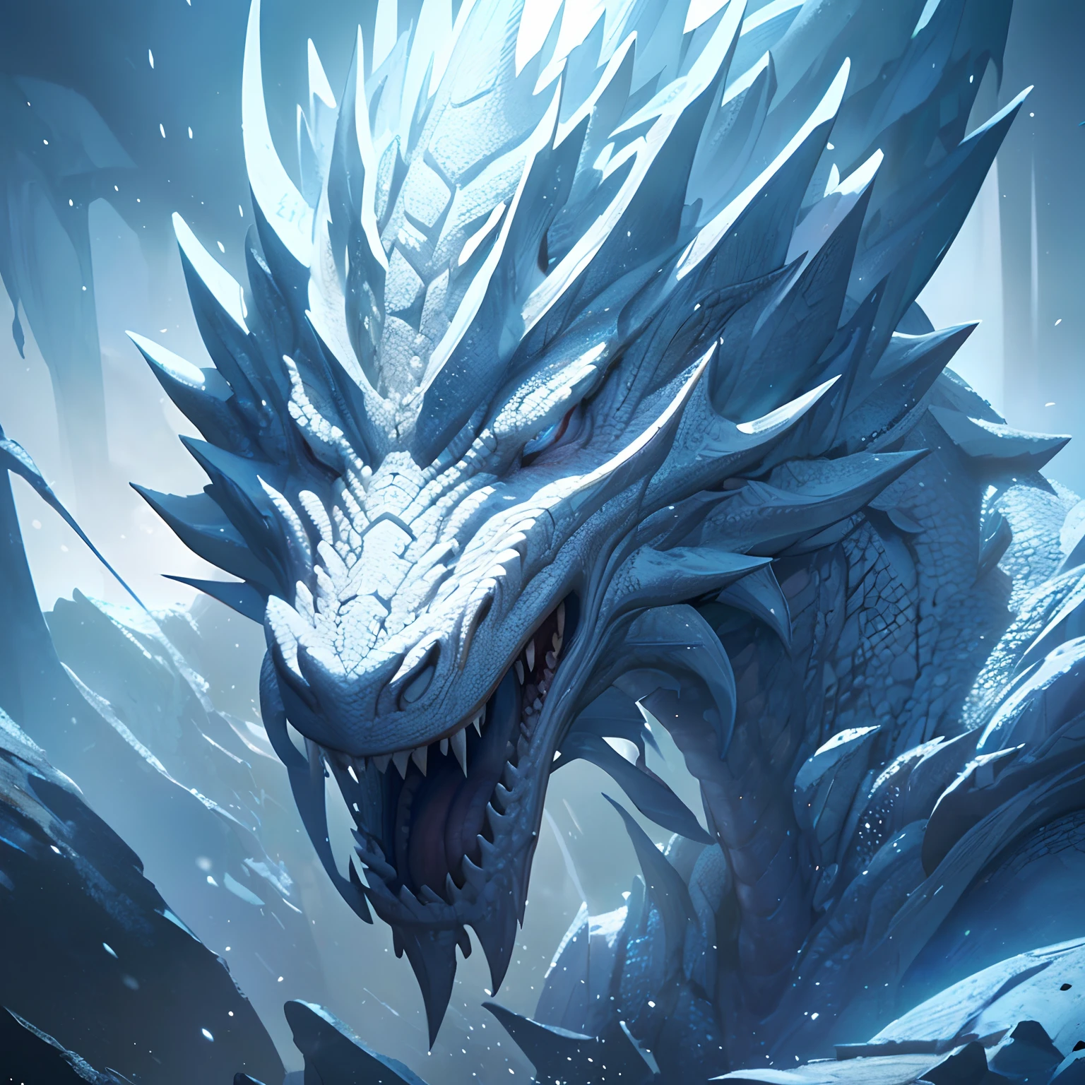 A large dragon, sharp and resistant scales, blue and white color palette, on a snowy mountain, great wings, eye white