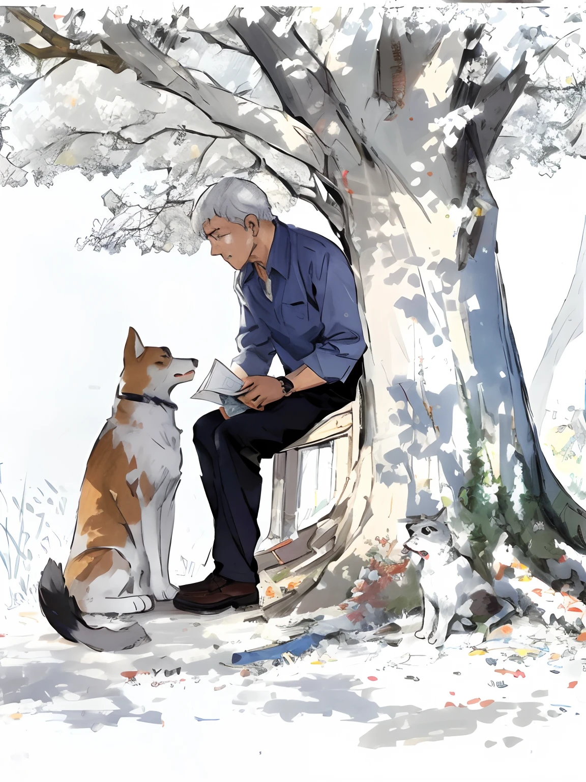 Painting of a man and a dog sitting on a bench, Morbius and Upington, moebius and makoto shinkai, norman rockwell akihiko yoshida, author：Austin Briggs, full-colour illustration, norman rockwell ross tran, phil noto and james jean, norman rockwell and james jean, author：Kiyochika Kobayashi, painting illustration