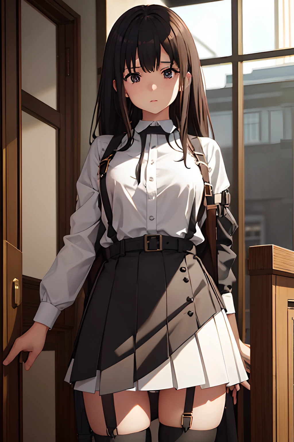 masterpiece、flat-colors、depth of fields、lens flare 1 girl、、Brown hair、watching at viewers black suspenders large full breasts Armpit sweat perspiring Side of both hands walls: Black miniskirt garters Gaze Small face Bangs Upper Eyes flank holster Belt Armament Beautuful Women