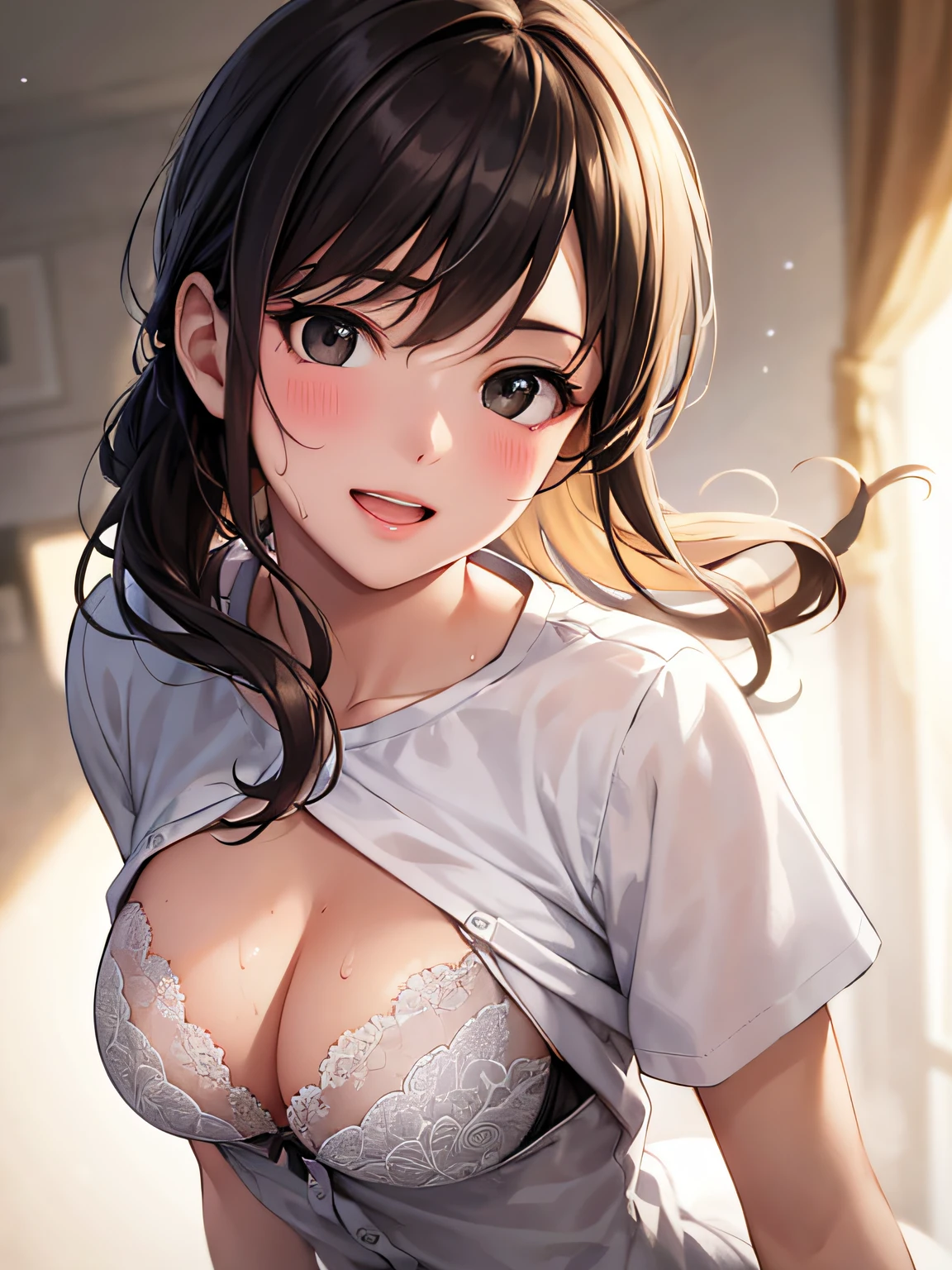 high resolution,
Photo of a beautiful woman detailed_face,
young handsome girl,realistic:0.5,
perfect skin,
(ultra-detailed background, detailed background), bokeh,
make happy expressions,gorgeous,pure,
beautyfull detailed face and eyes,breasts,
(black eyes:1.1),
(chibi:1.0),
gyaru,
Show from the hips to the shoulders,
breasts, black pumps, ((white shirt)), cleavage, beautiful detailed skin, (cute:1.2), (black hair), ((jpop idol)), (upper thigh:0.6), (depth of field),soft light, Lens Glow,
looking at viewer,
(Drooping eyes:1.2),
straight teeth,smile,
floating hair, (blond hair:1.2),
brown eyes,
movie scene, cinematic, full colors, 4k, 8k, 16k, RAW photo, masterpiece, professionally color graded, professional photography,
cleavage,high school girl, hair up, consider,(short sleeve shirt),(sweat,sigh)1.2,bra,(blush,open mouth)1.3,soft clean focus, realistic lighting and shading, (an extremely delicate and beautiful art)1.3, elegant,active angle,dynamism pose,