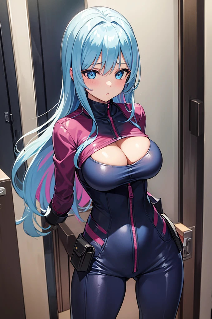 1girl,blue eyes,bodysuit,breasts,cleavage,cowboy shot,large breasts,multicolored bodysuit,multicolored clothes,open bodysuit,open clothes,hair,long hair,locker room,solo,standing,unzipping