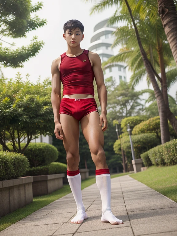  teenagers ,  young , light-skin , wearing an dark red sexy underwear, tmasterpiece，k hd，the feet，Transparent sports vest，semi transparent，black long socks，The barefoot , red colour , handsome and cute , extreme cute boy , white skin , dark red underwear boxers shorts , extremely tall and cute boy ,oppa model , handsome model , full body , dark red boxers underwears short shorts , black socks , white light-skin , Chinese model , young boy , white skin , handsome and extremely cute , red boxers underwear shorts , long black socks , handsome model , at the park , jogging , model oppa , long legs , jogging , running , high knee black socks ,black  long socks , stand up , extremely tall , extremely high , red underwears , red sports underwear , long black socks , clean and white legs , Chinese model , extremely long legs , looking at the camera , clean and white thigh , heavy bulge , kid face , baby face