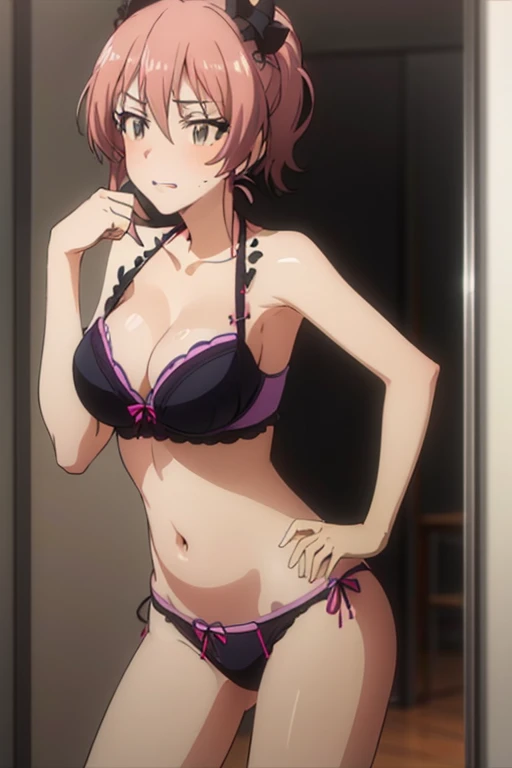 (masutepiece、Best Quality)、Beautiful eyes、Well-formed face、very large udder、Too big、an lingerie、、Black bra、Black bra shoulder straps、Black panties、beauty legs、natta、a room、blushed face、Moist eyes、Seduce a man、sexy pose、Bewitching mouth、SEXY、bewitching、Sensational、