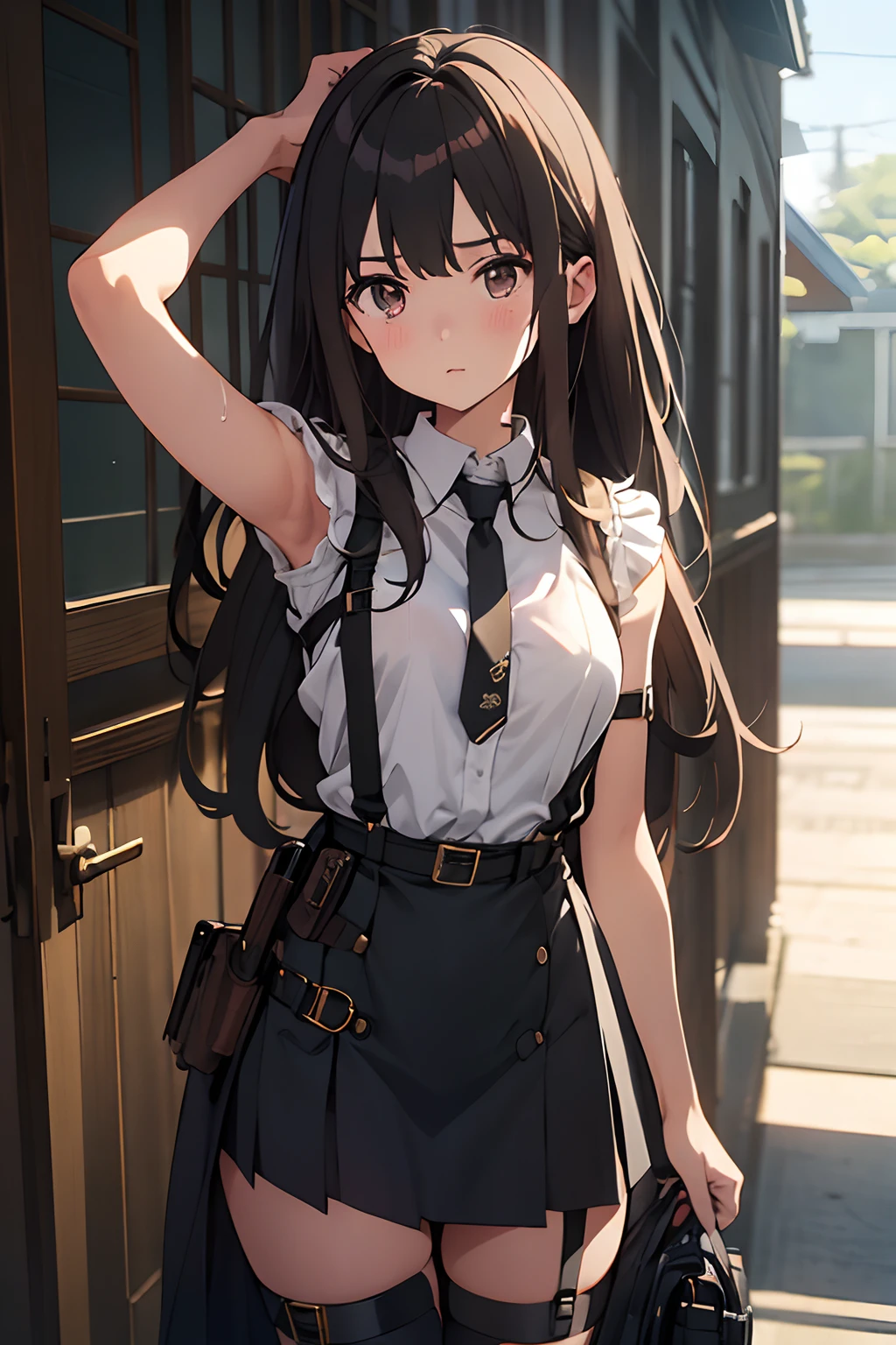 ​masterpiece、flat-colors、depth of fields、lens flare 1 girl、、Brown hair、watching at viewers　　　black suspenders　　　large full breasts　　　 　 Armpit sweat　perspiring　Side of both hands　　walls: 　Black miniskirt　garters　　　　　　Gaze　　　Small face　Bangs Upper Eyes　flank　　　　holster　　Belt Armament　Beautuful Women