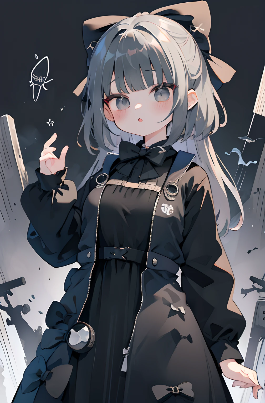 (8K、Masterpiece、masutepiece)azhiichigo style,Big eyes, dense lines, Mixing Patterns,Cute,1. Goth, Pattern expansion、greyt hair、Department of Landmines、Cute Ribbon、Black One Piece Clothes、grey eyes、Background Simple、background grey、(((((1girl in、Black Mine Suit、Cute dress、A dress with a large bow)))))