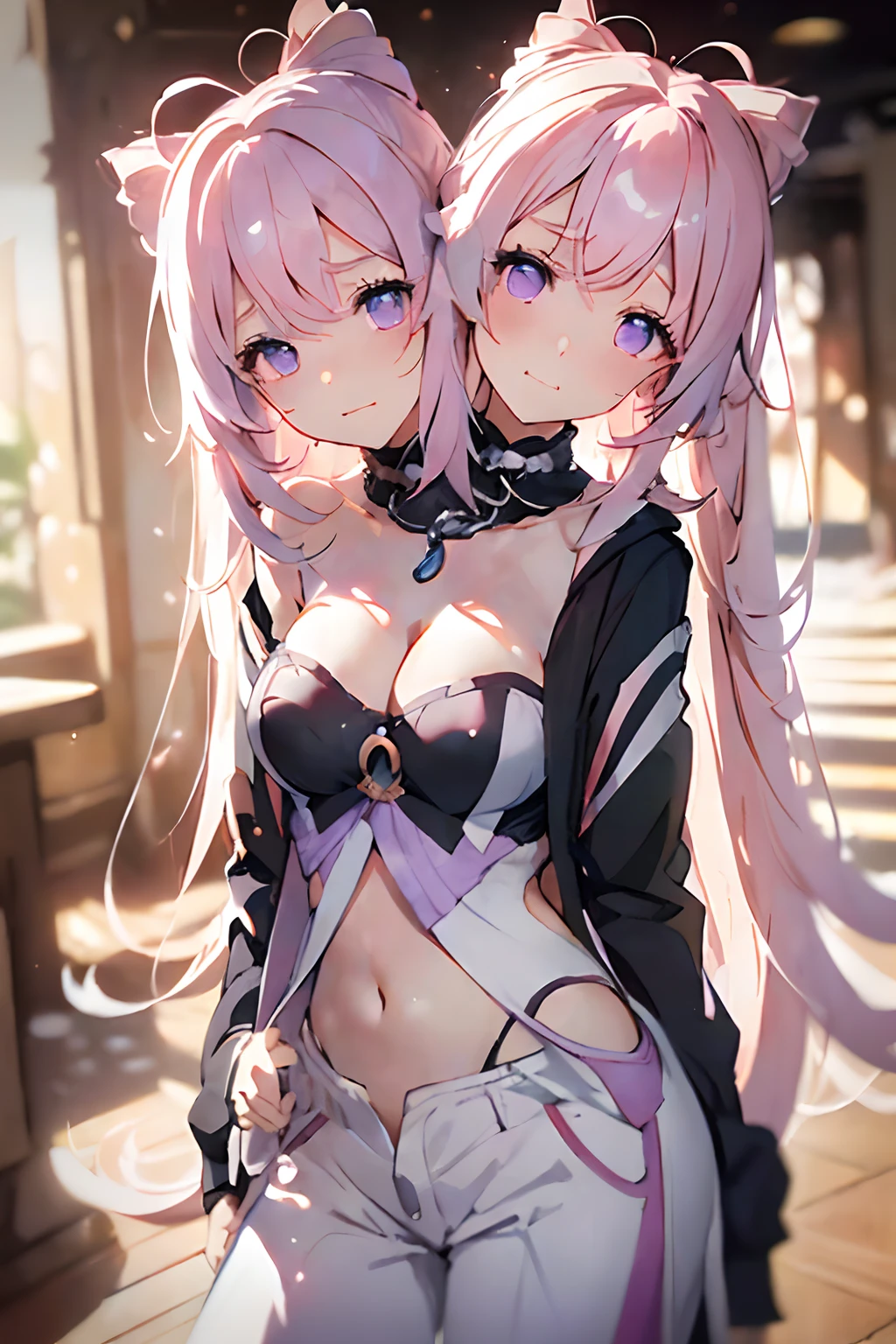 (masterpiece, best quality), best resolution, (2heads:1.5), 1girl, kokomi character, two-headed girl with((30year old, two heads, two heads are positioned next to each other, fused necks, necks positioned next to each other on one chest, extremely long pink hair, facing the viewer, tattered clothing, white tube top, Black short-sleeved hoodie, White pants, Best Bust, Bust 85, extremely long black hair on both heads, pink and purple eyes, open chest wide, Happiness, Sweating, Chain Accessories, During the dance、お腹に♡のペイント))hiquality, visualart,