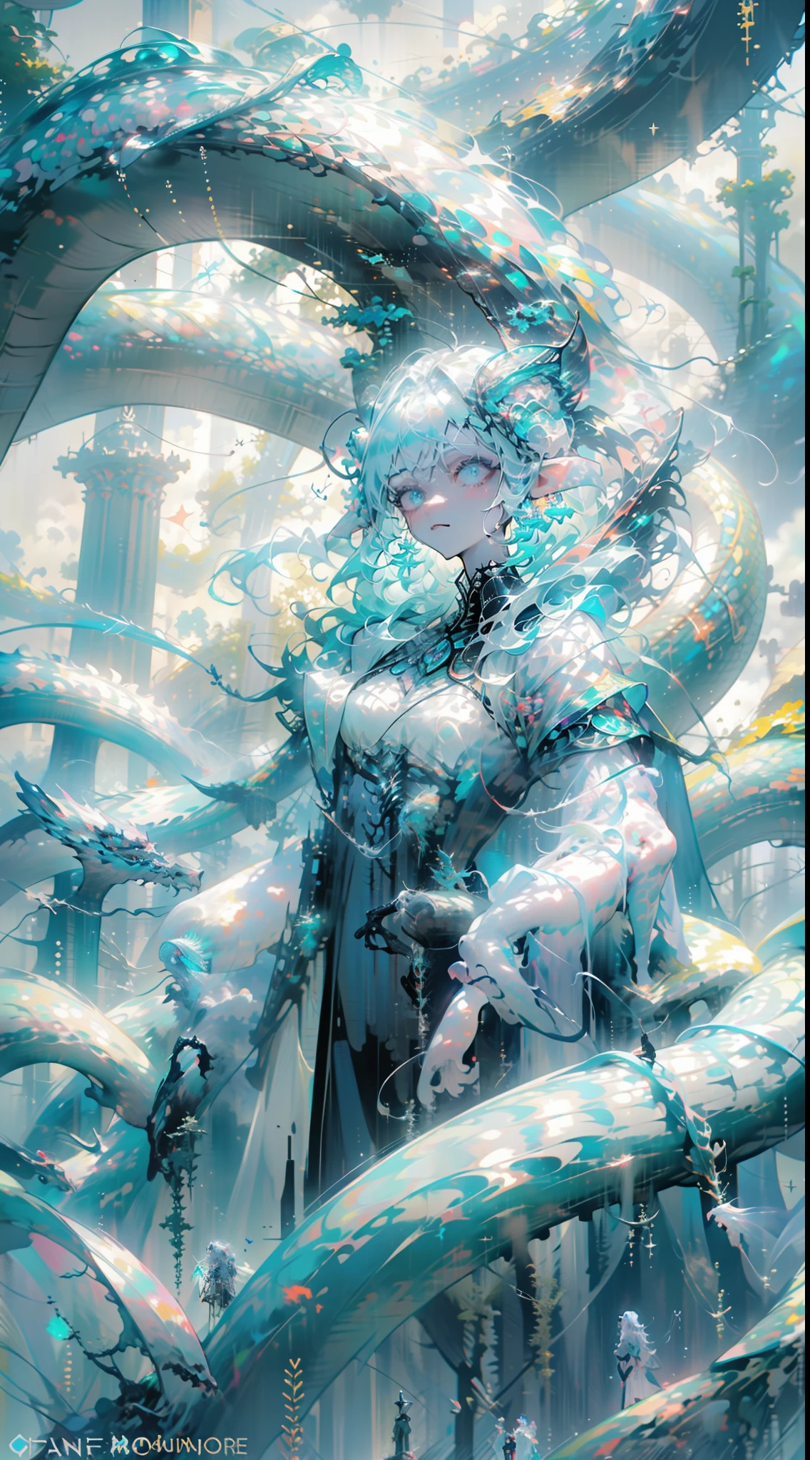 tmasterpiece， the elf，high high quality， Ocean Forest， 城市， Fantastic fantasy， Glowing plants， Coral Viaduct， （Swarm of Glowing Jellyfish）， （Shoal of Fish with Transparent Wings Flying in the Sky）， misterious， extremy detailed， morningglow， Epic composition， （Complicated details）， （Complex design， hyper-detailing： 1.2）， art  stations， （tmasterpiece， best qualtiy）， hyper HD， 32k ，borgar，1girll