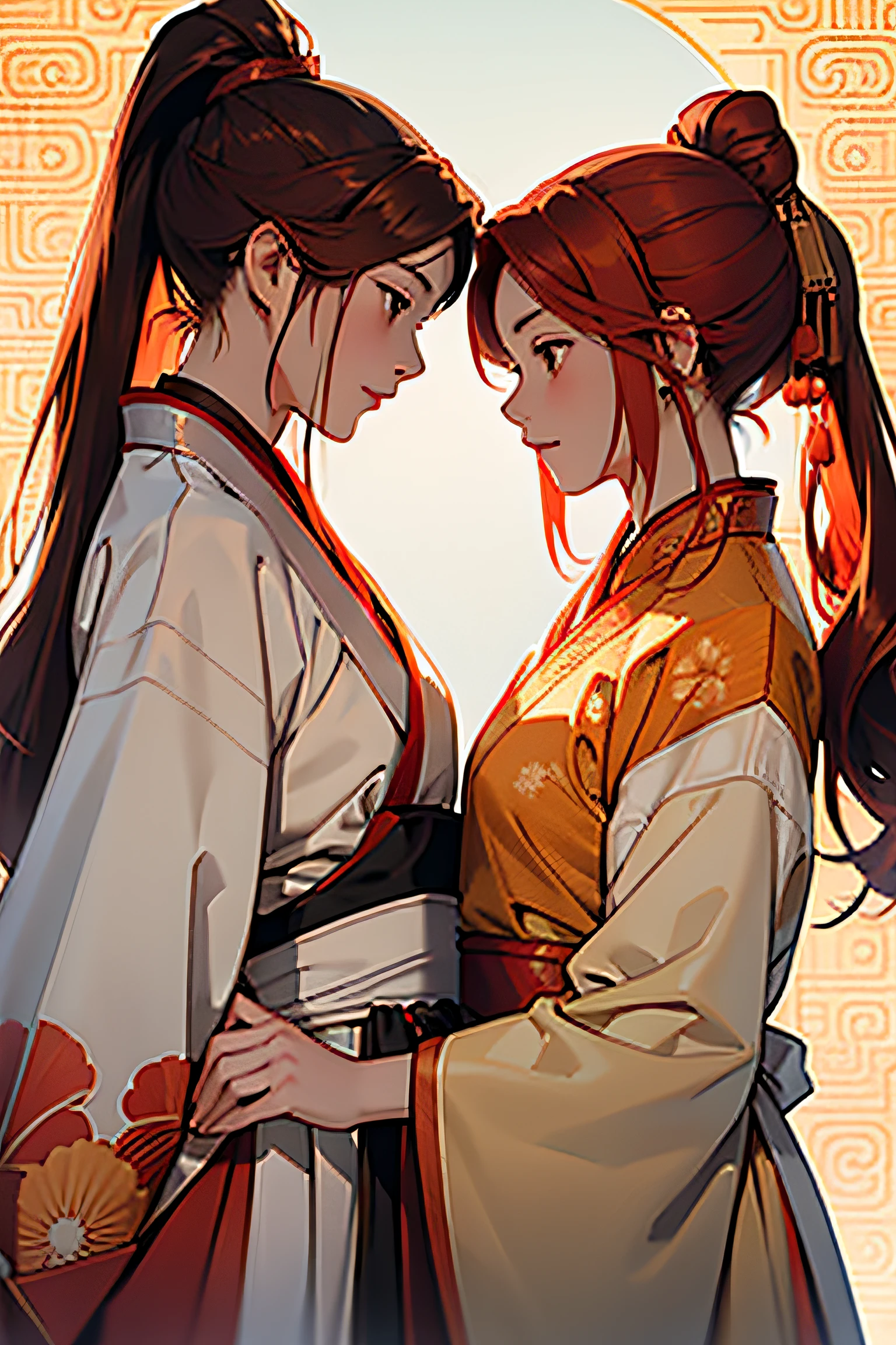 high quality, 4k, two girls as lover, hanfu, white and orange hanfu, red clothes, red hair girl, brown hair girl , ponytail hairstyle ,flat background, gentle expression, looking lovingly at each other, chinese pattern background, sun theme, wuxia, warm lighting, warm atmosphere
