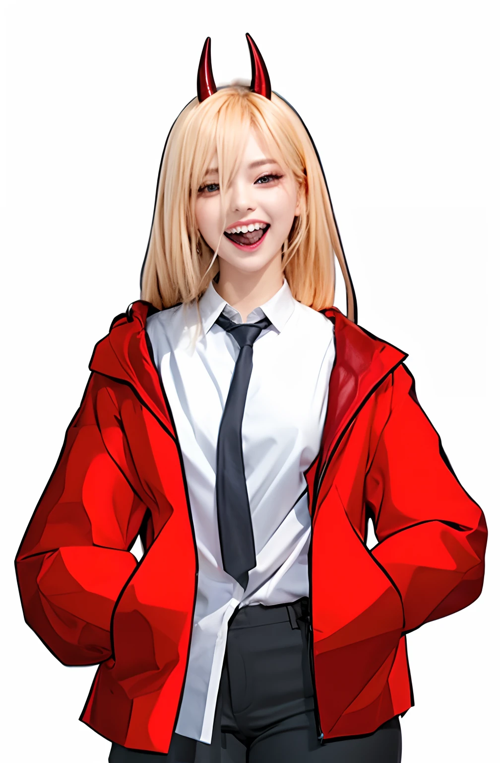 Arafed girl in a red jacket and tie with horns on her head, [[[[grinning evily]]]], gapmoe yandere, grinning lasciviously, yandere. tall, slasher smile, as an anime character, sougo okita, anime style character, visual novel sprite, rei hiroe