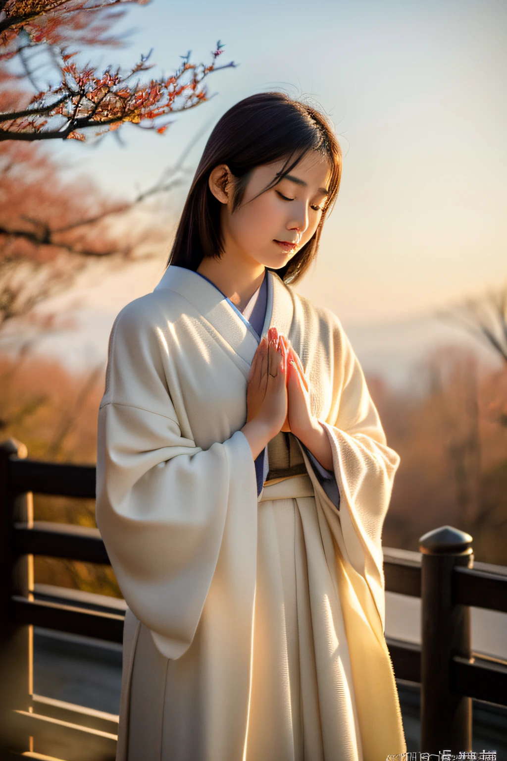 (masterpiece、high-level image quality、hightquality)、(Beautiful realistic Japan woman:1.5、Beautie:1.4)、Sunrise、January、Woman praying with her hands together、perfect anatomia、Beautiful limbs、Wear warm clothes、23years old、White breath、(Beautiful limbs)、sacred mountain、