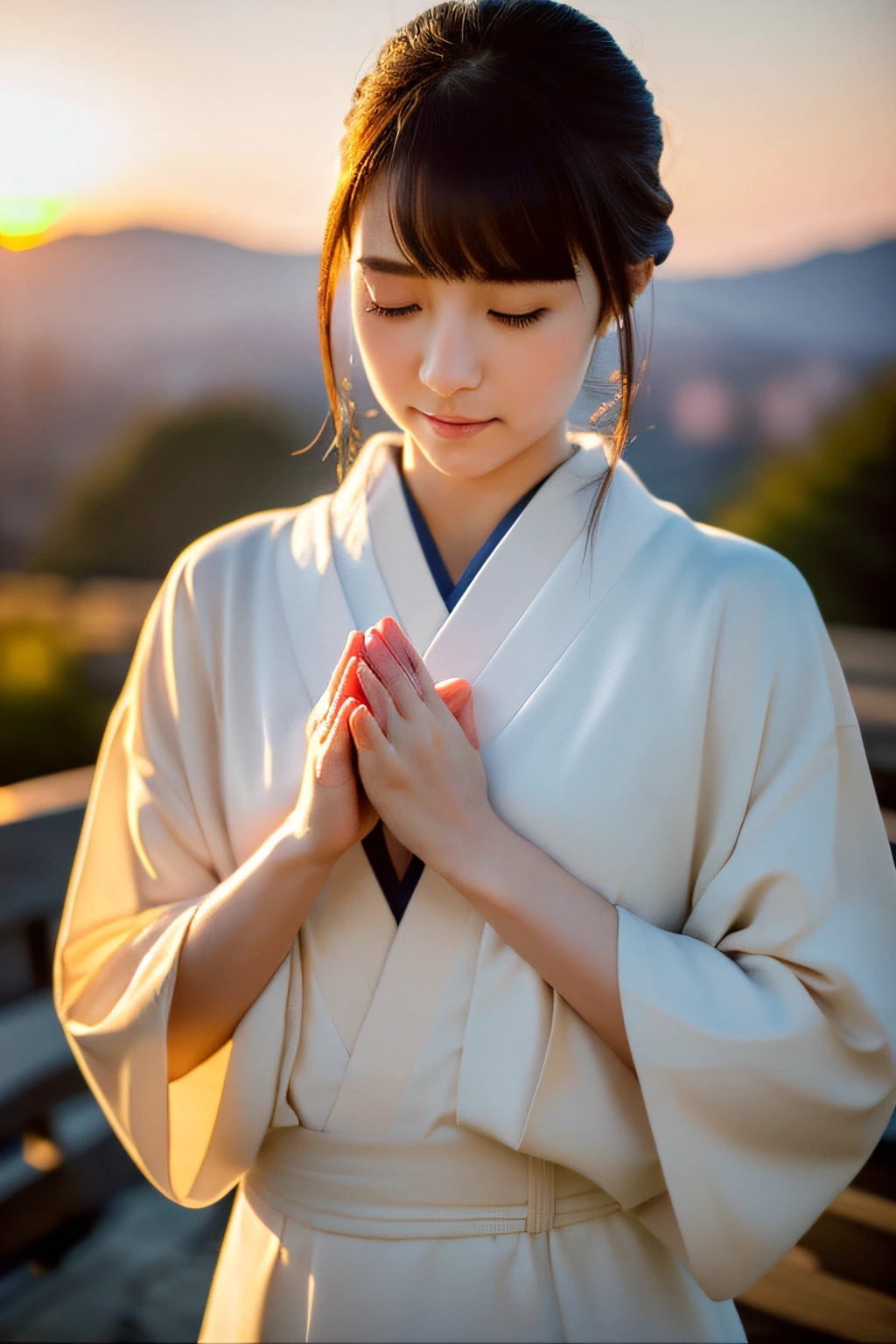 (masterpiece、high-level image quality、hightquality)、(Beautiful realistic Japan woman:1.5、Beautie:1.4)、Sunrise、January、Woman praying with her hands together、perfect anatomia、Beautiful limbs、Wear warm clothes、23years old、White breath、(Beautiful limbs)、sacred mountain、