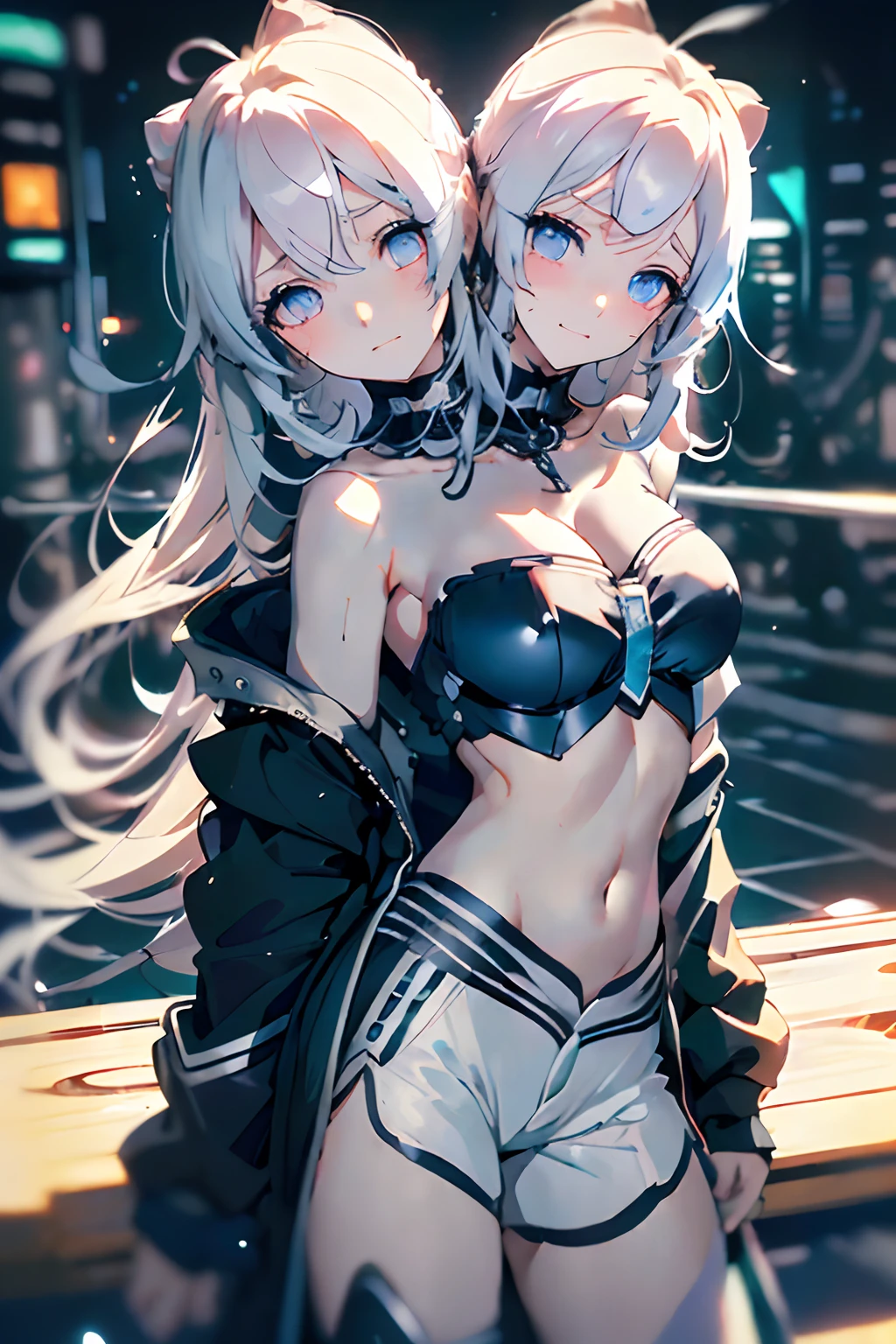 (masterpiece, best quality), best resolution, (2heads:1.5), 1girl, kokomi character, two-headed girl with((18year old, two heads, heads are positioned next to each other on one body, identical faces, fused necks, tattered clothing, white tube top, Black short-sleeved hoodie, White pants, Best Bust, Bust 85, extremely long black hair on both heads, cyberpunk style clothing, Blue eyes, open chest wide, Happiness, Sweating, Chain Accessories, During the dance、お腹に♡のペイント)）hiquality, visualart,