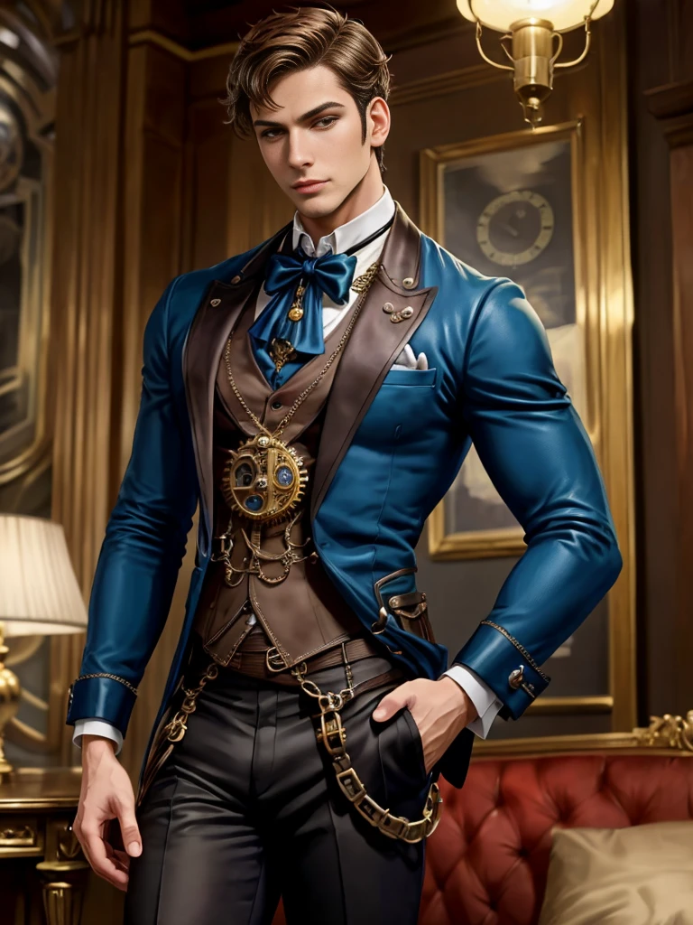 1 homem, corpo nu, Estilo Steampunk Sexy, (detalhes intrincados, master part, alta qualidade, best quality, Ultra Qualidade, elegante, altamente detalhado)