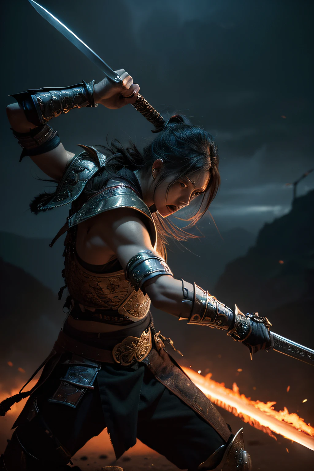 (highres,realistic),(warrior with sword),(intense battle scene),(detailed armor),(focused expression),(dynamic pose),(dramatic lighting),(concept artists style),(vivid colors),(dark and moody tone)