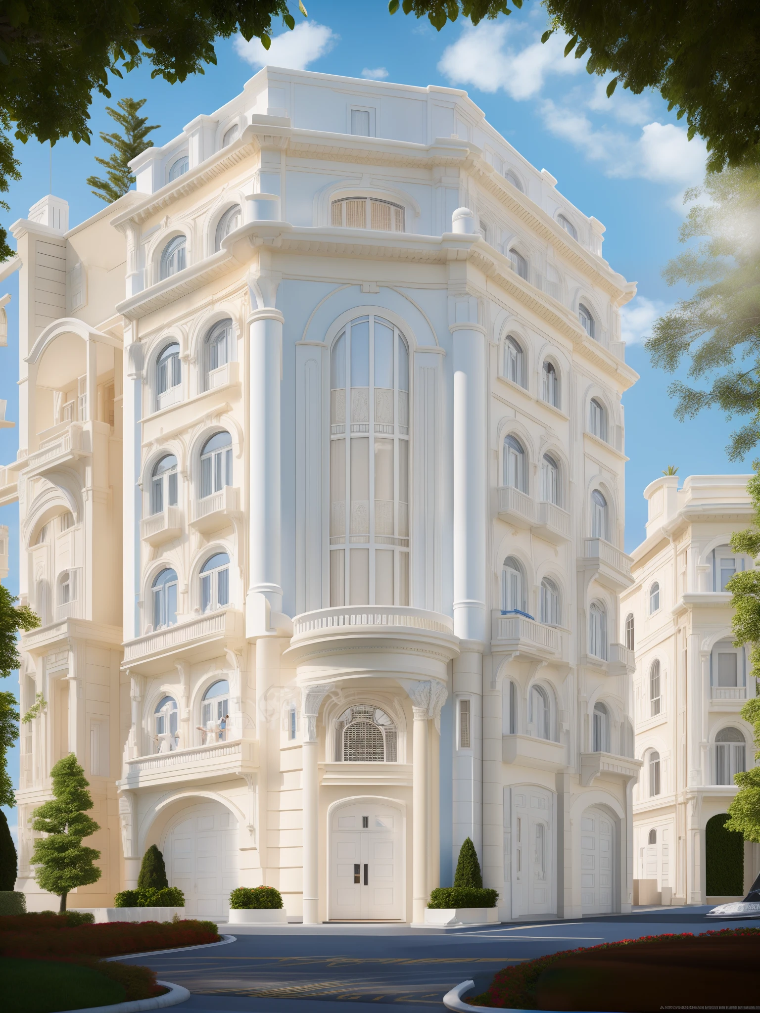 Realistic photo multistory building, cream color, neo - classical Vietnam style, realistic building (super detailed), high quality architectural art, ), Canon 5D Mark 3, lens 85mm, f1.8, portrait, photo realistic, hyper realistic, daily lighting, shadows, masterpiece, ultra realistic, 32k, extremely detailed CG unity 8k wallpaper, best quality, clear blue sky