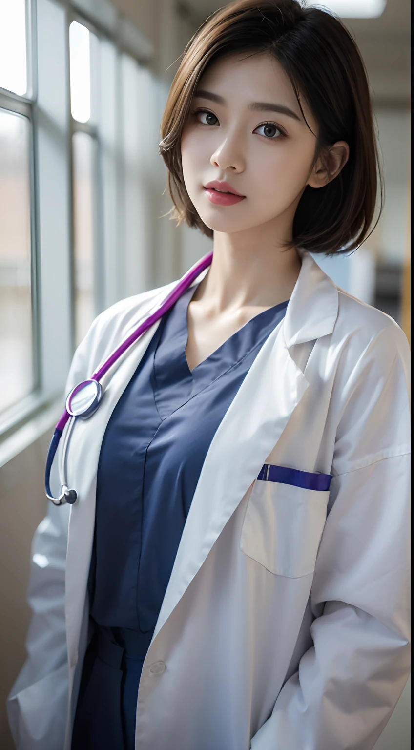 Photorealistic beautiful doctor、stunningly beautiful、doctors white coat, Collared shirt、(top-quality、8K、32K、masterpiece、nffsw:1.3)、超A high resolution,(Photorealsitic:1.4),Raw photography, Detailed face,Shoulder-length straight black short hair, ((Doctor Style)), Purple Surgical Clothes,Natural makeup,Big breasts,inside hospital, Detailed background, Perfect Lighting, depth of fields, Beautiful shadow gradient,stethoscope ,
