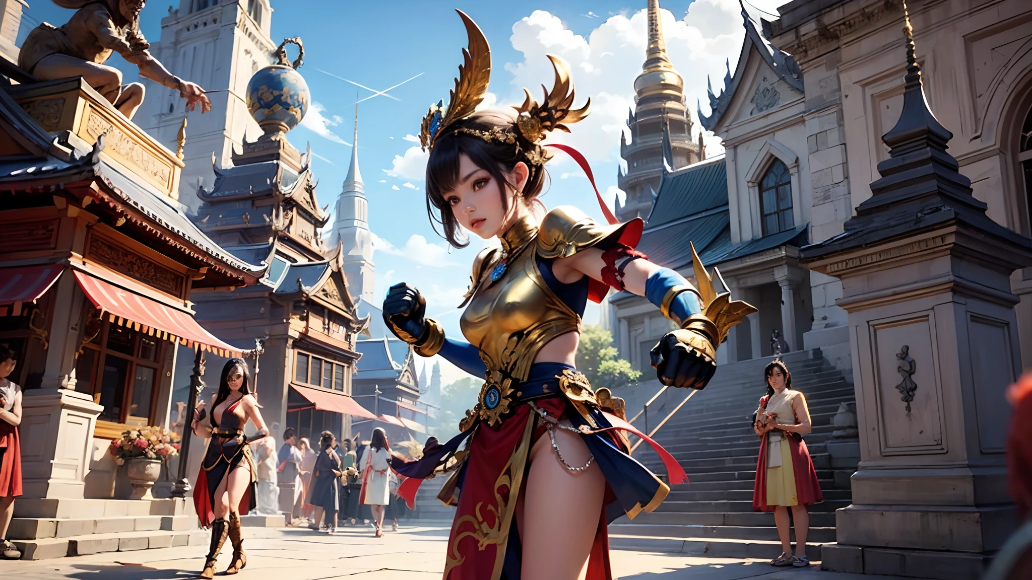 Mauy THAI warriors Fighter ,background of Thai temple pagadon riverside,pixar disneys,street fighter II --auto --s2