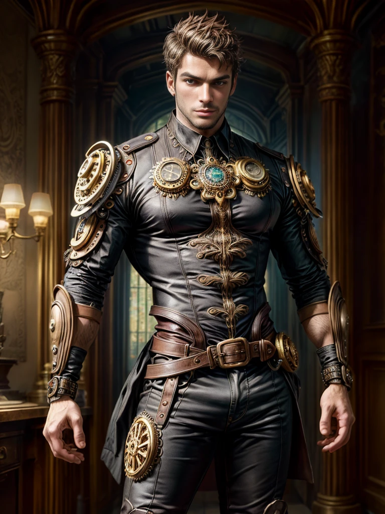 1 homem, corpo nu, Estilo Steampunk Sexy, (detalhes intrincados, master part, alta qualidade, best quality, Ultra Qualidade, elegante, altamente detalhado)
