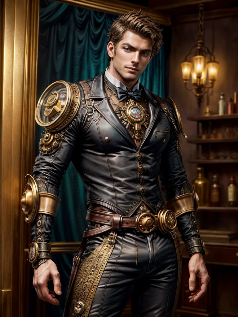 realistic, masterpiece, intricate details, detailed background, depth of field, cinematic, photo of a handsome man wearing intricate steampunk style fantasy clothes, (steampunk fantasy city), sky, brown hair, facial hair, upper body, brass cogs and gears, glasses, looking at viewer, shirt, pants, science fiction,