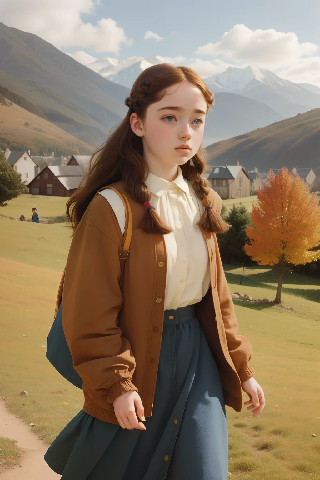 2003, mountain village. Location: Elmira. Pre-raphaelite 16-year-old Anna Popplewell, walking to school, autumn,, ((((casual Clothing from the 2000s)))) ((Hairstyle of the 2000s)), (Wes Anderson cinematic style), colorful