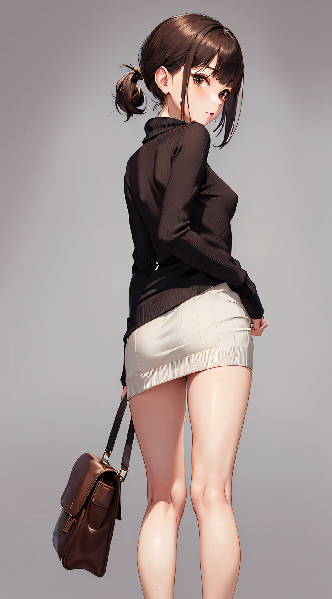 (((professional: step by step, considering even the smallest detail, god level final result))): "masterpiece, best quality, highres, solo 1girl, 22 years old, kr1, brown eyes, blunt bangs, kibito high school 50% uniform, sheer silk slim sweater, pleated 10% miniskirt, socks, medium breasts, leaning forward, hand on hip, ((visible hip removing the sweater from the body)), provocative without limits, low back view, nsfw"