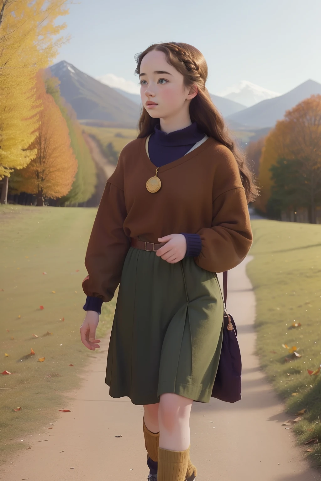 2003, mountain village. Pre-raphaelite 16-year-old Anna Popplewell, walking to school, autumn,, ((((casual Clothing from the 2000s)))) ((Hairstyle of the 2000s)), ((("OMITB" cinematography))) (Wes Anderson style), colorful