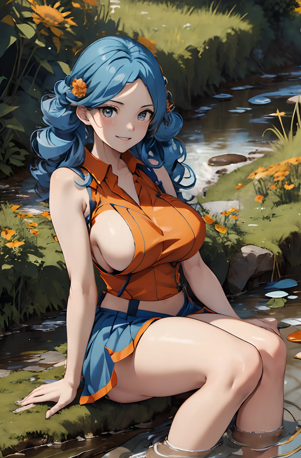 Masterpiece, best quality, absurdres, 1girl, light_smile, blue hair, sitting, crossed legs, acebw, Orange vest, sleeveless, blue skirt, thigh highs, flower field, sitting at a creek, large breasts, ((sideboob))