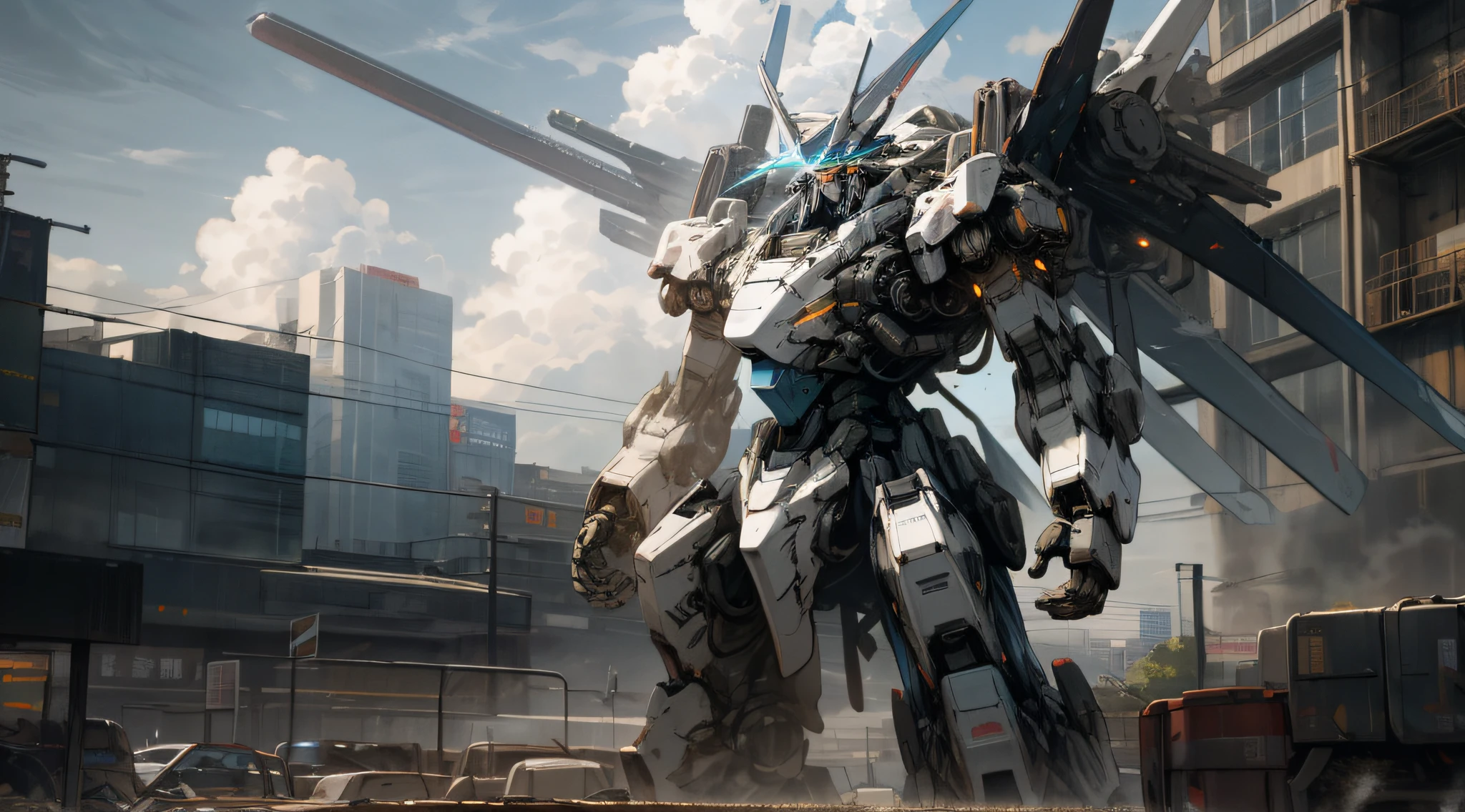 sky, cloud, holding_weapon, no_humans, glowing, , robot, building, glowing_eyes, mecha, science_fiction, city, realistic,mecha