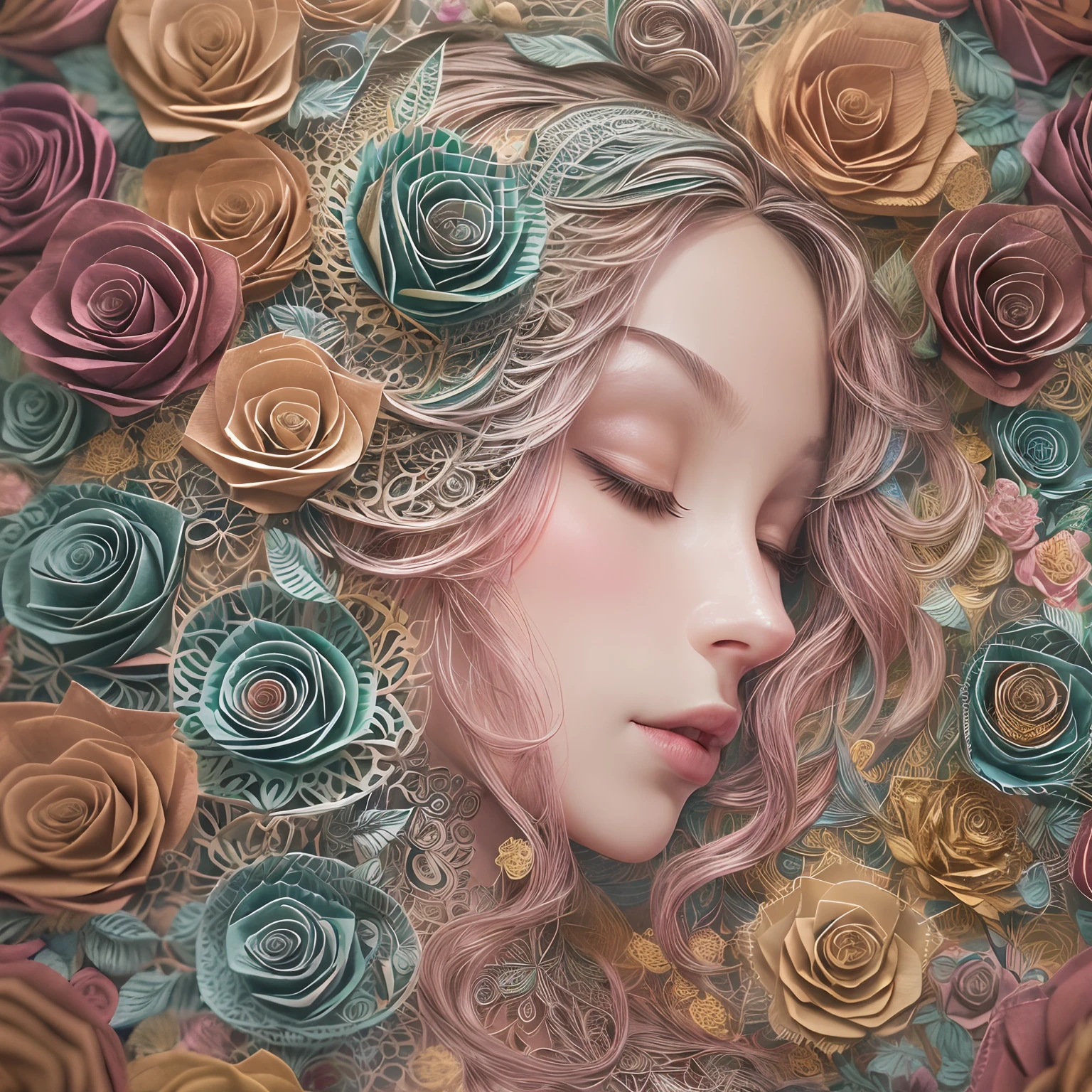 (beauty side face,long colored hair, Paper Art Hair, Close eyes,Masterpiece roses),Iridescent background, (Illustration,paper art, Zentangle, 3d rendered),(Best Quality, Detailed details, masutepiece, offcial art, Movie Light Effects, 4K, Chiaroscuro)