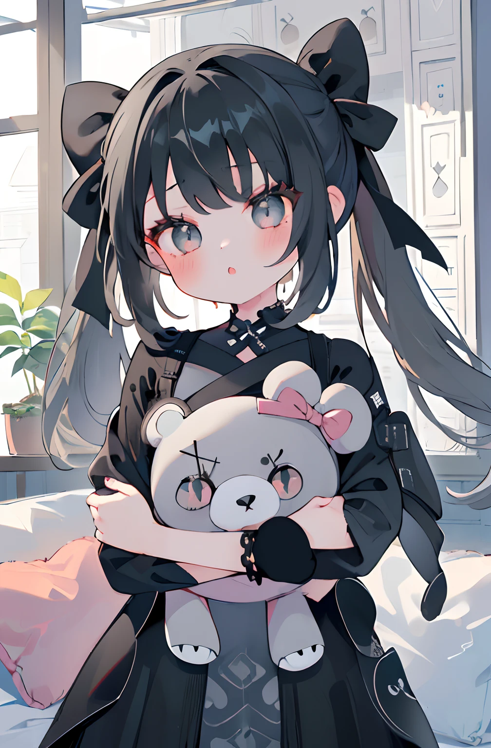 (8K、Masterpiece、masutepiece)azhiichigo style，Big eyes, dense lines, Mixing Patterns，Cute,1. Goth, Pattern expansion、greyt hair、Department of Landmines、Cute Ribbon、Black One Piece Clothes、grey eyes、Background Simple、background grey、(((((1girl in、Black Mine Suit、Cute dress、A dress with a large bow)))))(The upper part of the body、(((((one girl ))))))((((((Holding a stuffed animal))))))