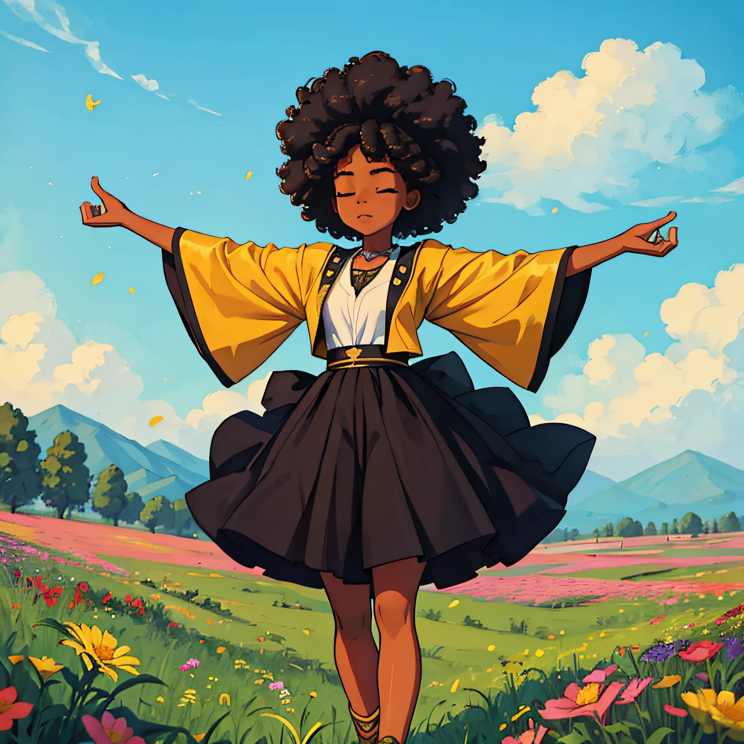 Black Girl ,African girl,afro hair,eyes closed,meditation,standing with outstretched arms,relaxed,bliss freedom,outdoor landcsacape,beautiful grass field and flowers,aesthetic,otdoor