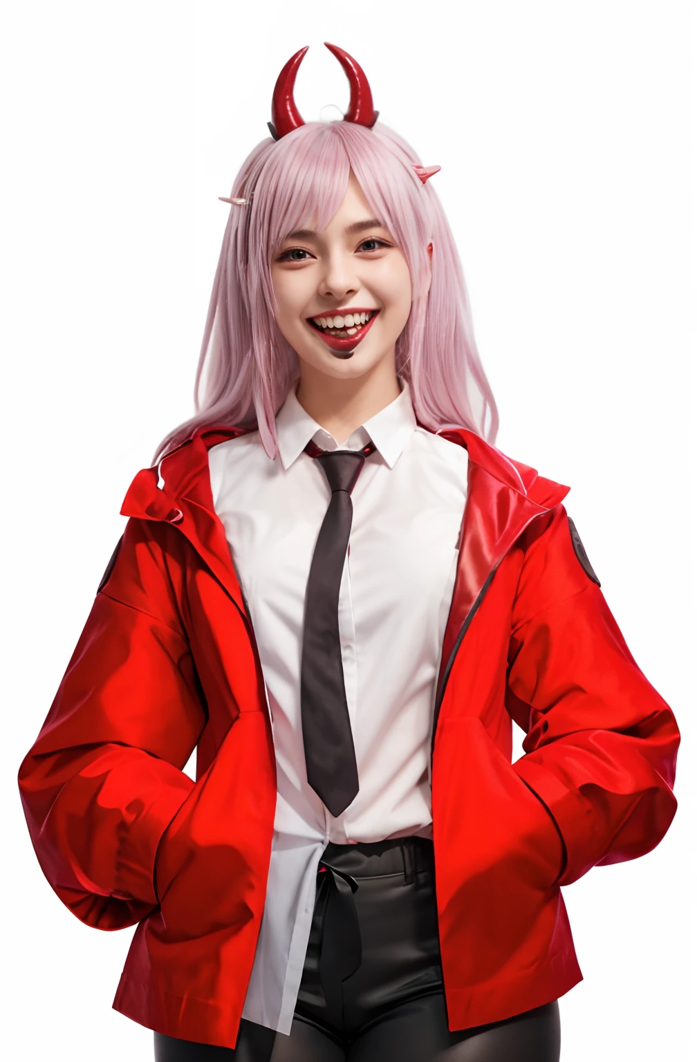 Arafed girl in a red jacket and tie with horns on her head, [[[[grinning evily]]]], gapmoe yandere, grinning lasciviously, yandere. tall, slasher smile, as an anime character, sougo okita, anime style character, visual novel sprite, rei hiroe