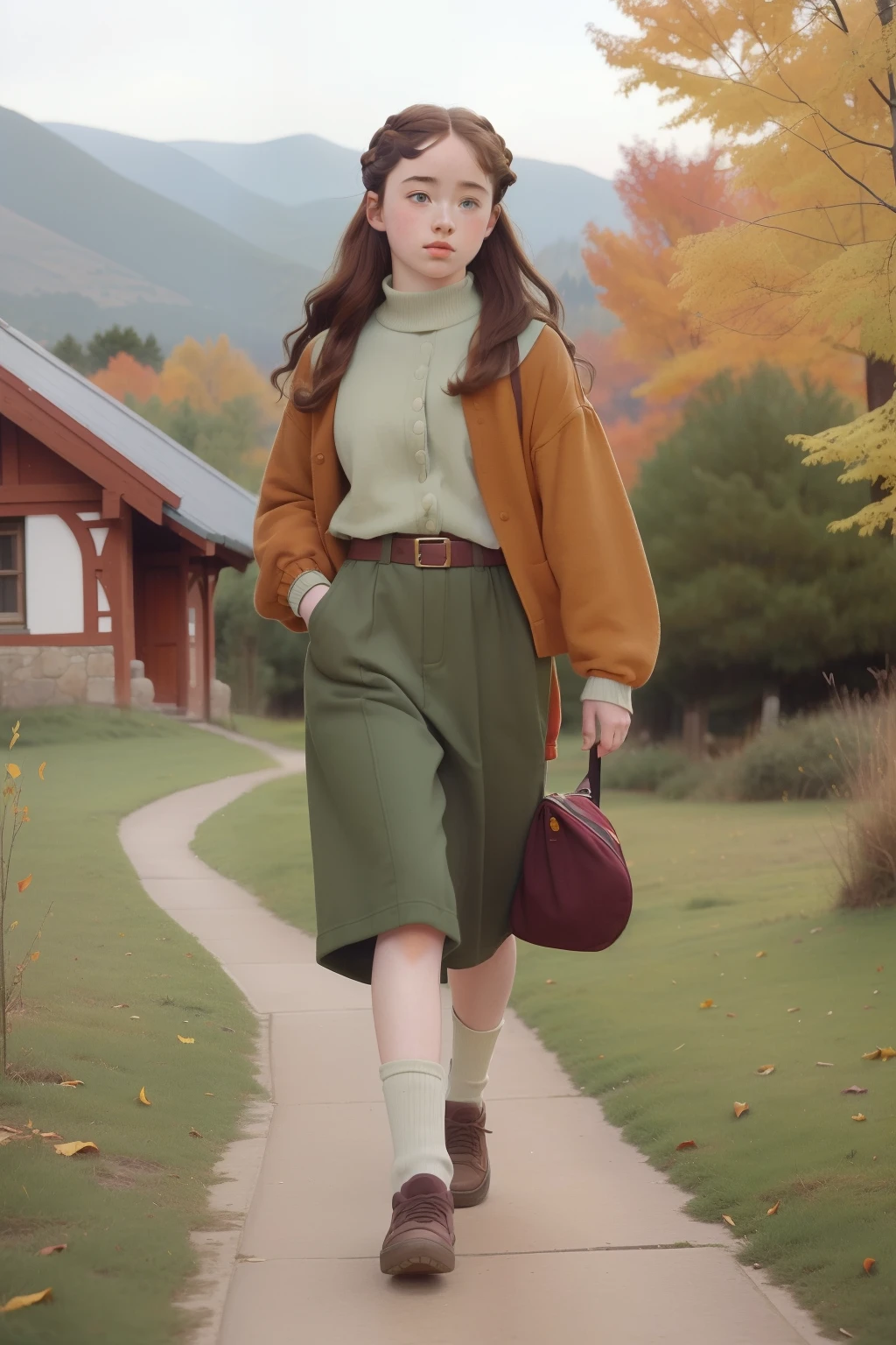 2003, mountain village. Pre-raphaelite -yeld AnPopplewell, walking to school, autumn,, ((((casual Clothing from the 2000s)))) ((Hairstyle of the 2000s)), ((("OMITB"))) (Wes Anderson style), colorful