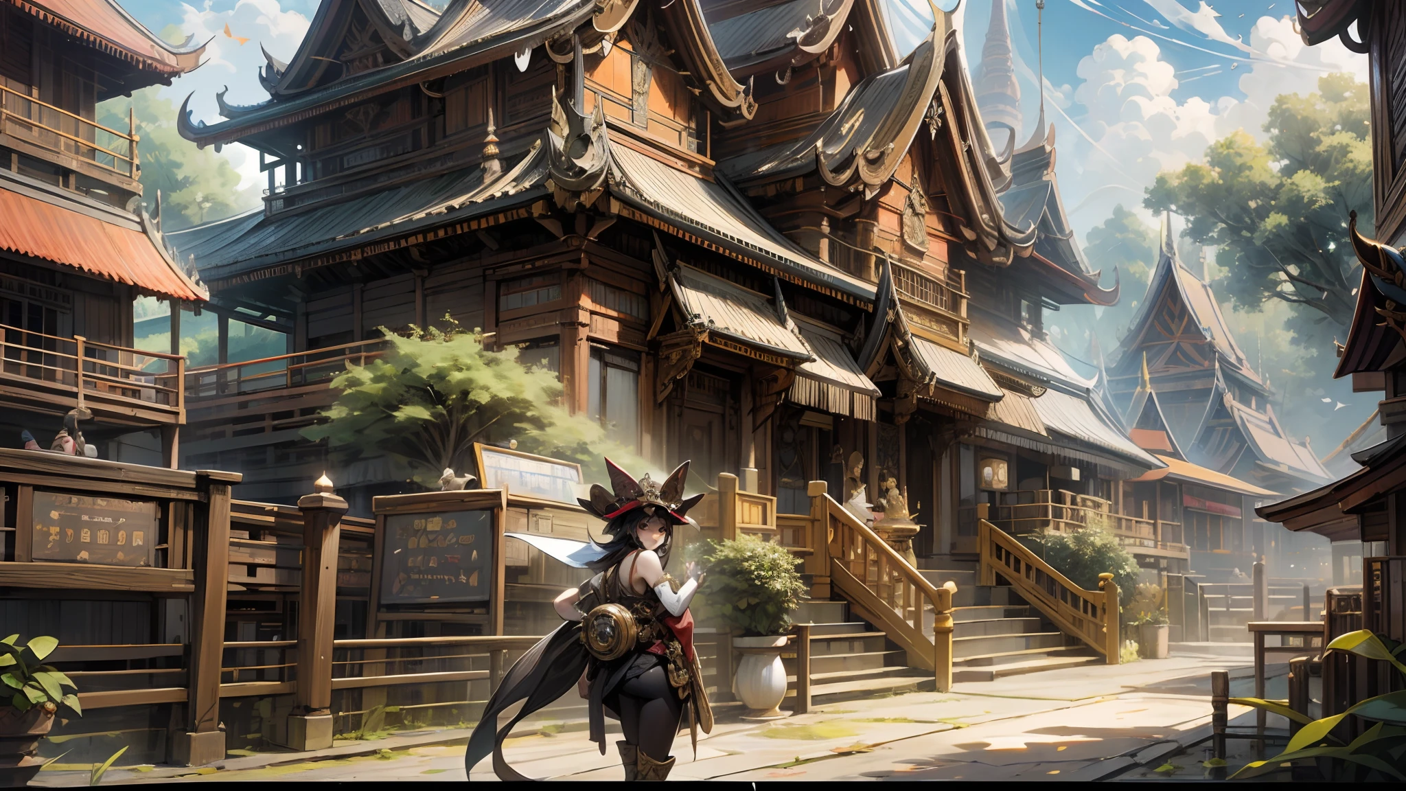 steampunk Mauy THAI warriors Fighter ,background of Ayudtaya Thailand temple pagadon riverside,pixar disneys,street fighter II --auto --s2