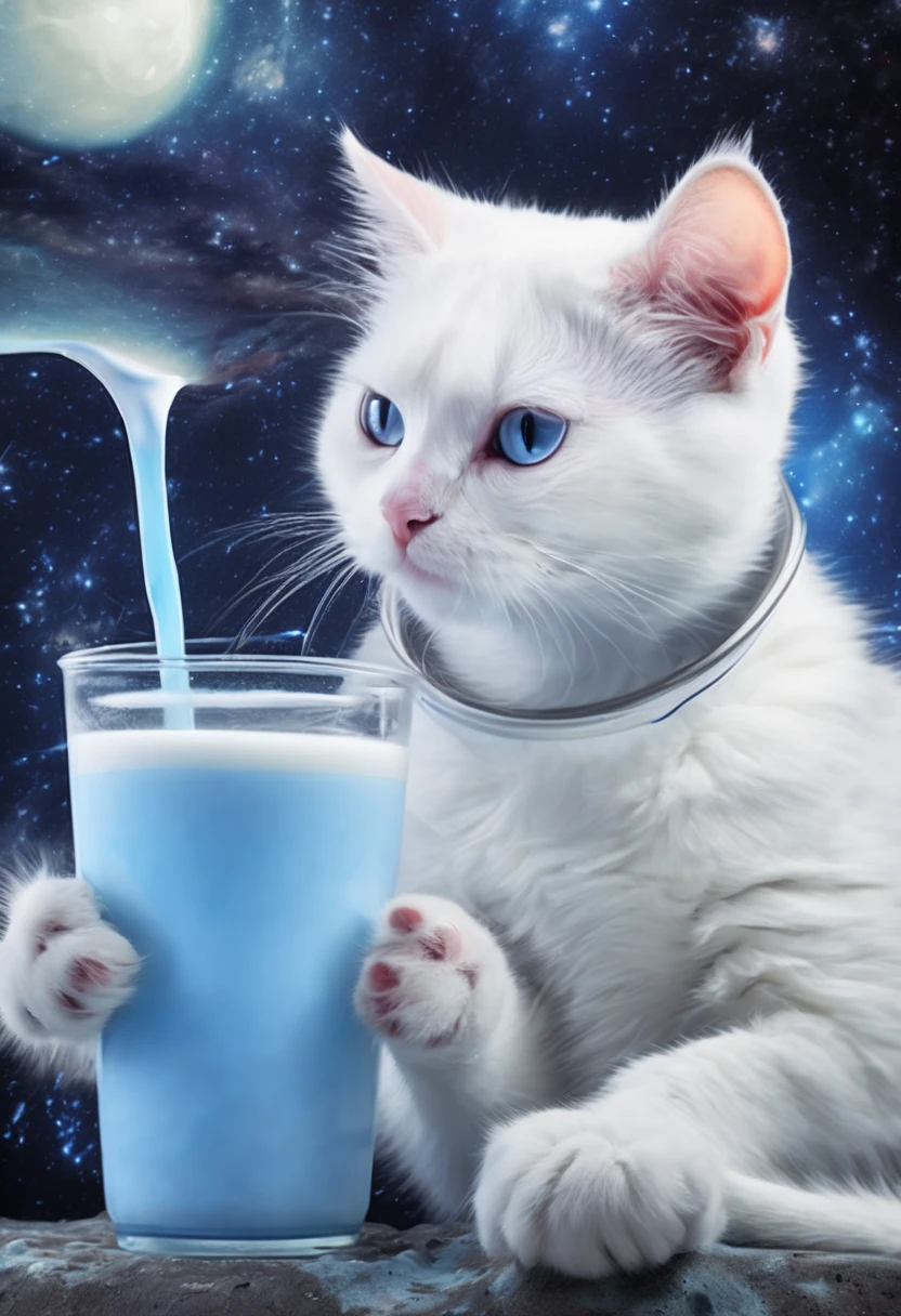 white cat on a background of the Milky Way drinking milk, alien planet