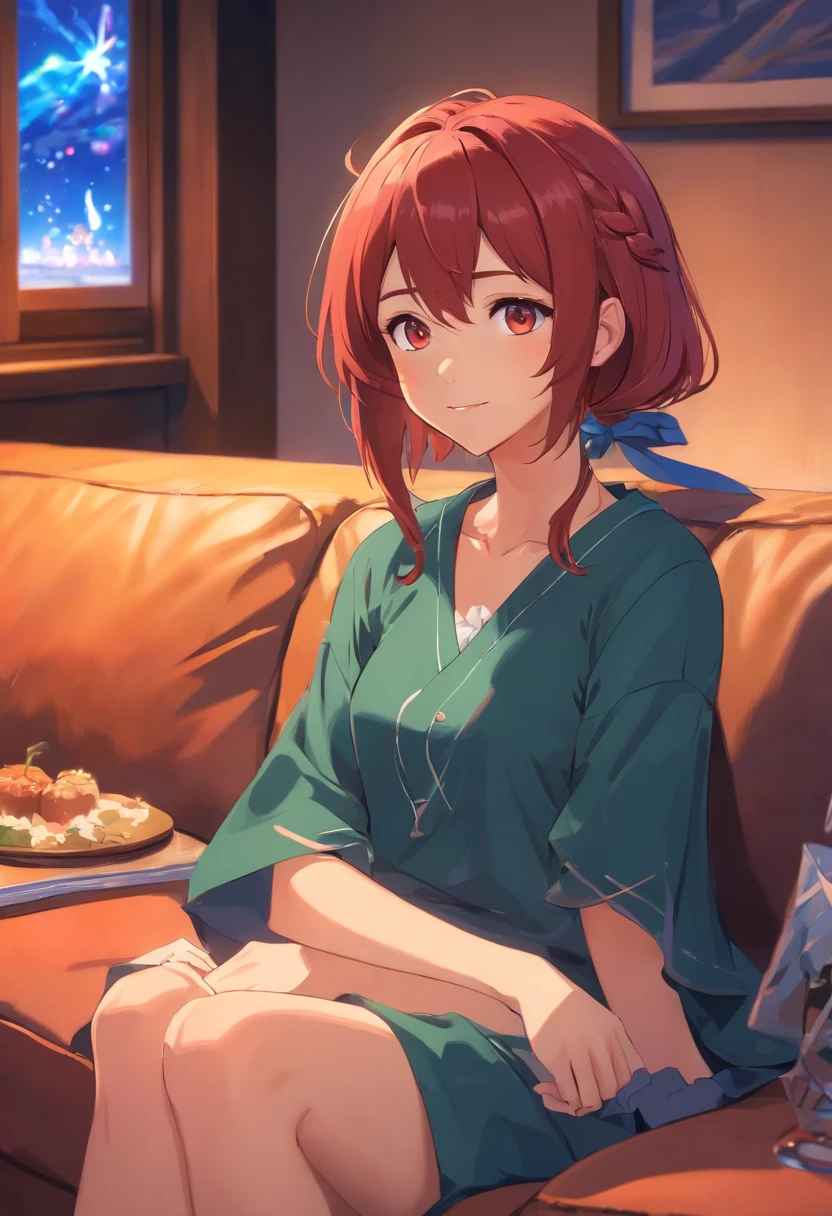 cute girl, witch, sitting in a couch, in love,vivid eyes, thin clothes, smilling, alone, night, gorgeous, intimate, messy hair, digital art, in a hut masterpiece, high details, modern, red hair, intricate, perfect face, traced lights, peace, sensual, embarassed.