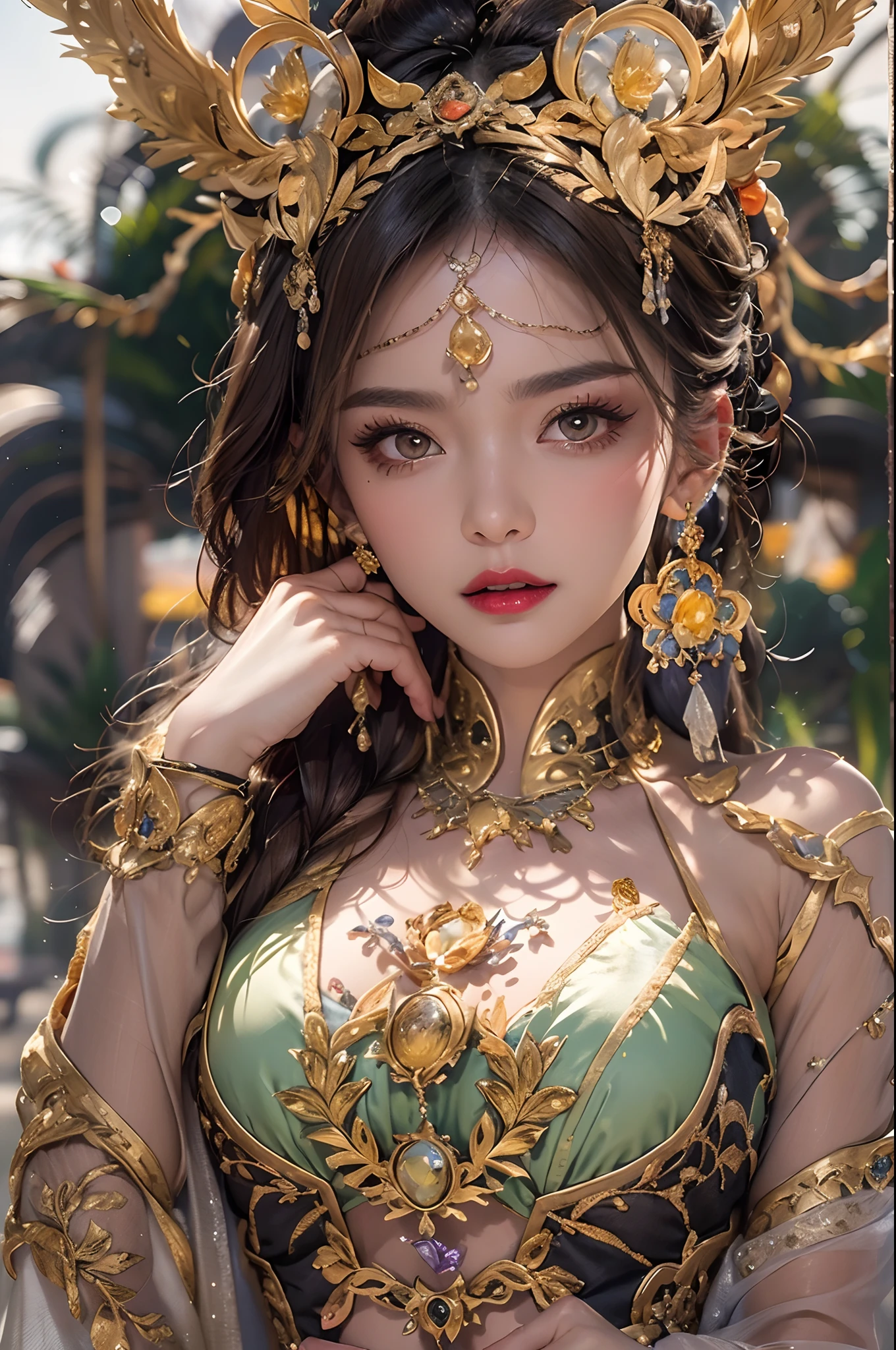 1 zodiac goddess from the future, Wear the zodiac goddess Ao Dai to cover her chest, The zodiac goddess wears a bright yellow gold bodice, The goddess radiates a bright pink-purple zodiac aura, The stars are in the form of 12 constellations, Zodiac goddess wearing golden Chinese zodiac sign Ao Dai with many black details, mythical goddess of the 12 zodiacs from the future, constellation ♏, Zodiac style, Dark and mysterious version, plump boobs, Red lips are balanced and very beautiful, Carol Baku and Pino Daeni characters, Intricate details, Detailed background, Many objects in the background, ighly detailed, Magic lighting, femele, Clearly drawn face, Beautiful face and symmetrical eyes, big round eyes and very beautiful and detailed makeup, Far-focus, Silk Clothing, Mystical ornaments, Upper body portrait, Arms loosen, Sexy and seductive zodiac goddess, (background space: 1.8), (Galaxy: 1.7), Aurora, Lightning, (Aurora Background: 1.8), Perfect eyes, photo of perfect eyes, beautiful goddess and flowers,