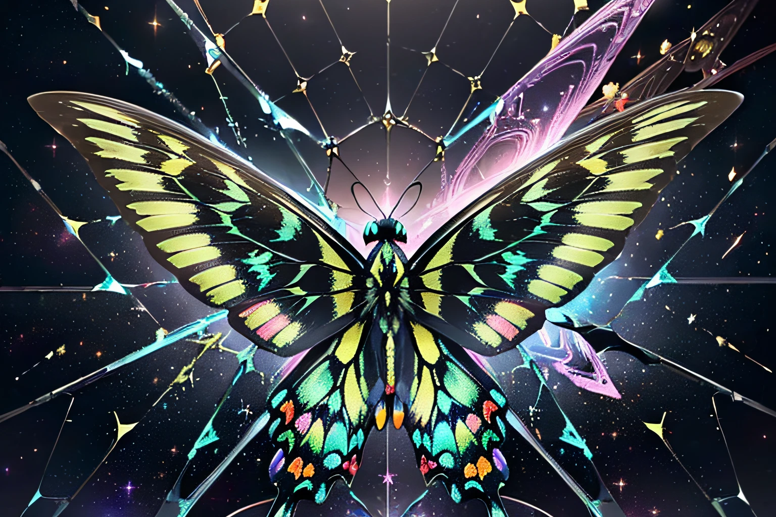 (chaotic swallowtail is fused butterfly and phoenix and snowflake:1.3), (((steel and glass coating space universe background:1.3))), intricate insane detail glow, (gliding:1.2), digital paint, paradox of fantasy and dark fantasy, explosion of diverse energies, (insane delicate and beautiful stroke:1.1), (intricate details:1.1), rich colors, true masterpiece, (clarity:1.1), (digital matte painting:1.3), chalk art on black light paint coloring,