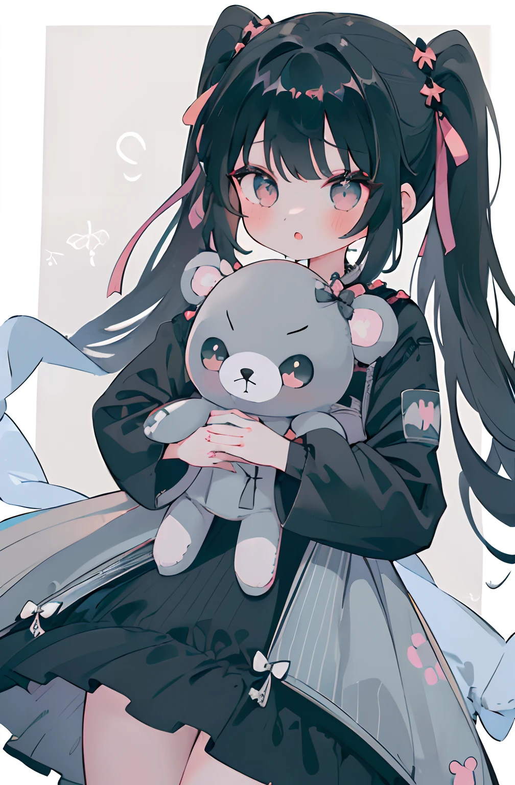 (8K、Masterpiece、masutepiece)azhiichigo style,Big eyes, dense lines, Mixing Patterns,Cute,1. Goth, Pattern expansion、greyt hair、Department of Landmines、Cute Ribbon、Black One Piece Clothes、grey eyes、Background Simple、background grey、(((((1girl in、Black Mine Suit、Cute dress、A dress with a large bow)))))(The upper part of the body、(((((one girl ))))))((((((Holding a stuffed animal))))))((((Lori、youngest son))))