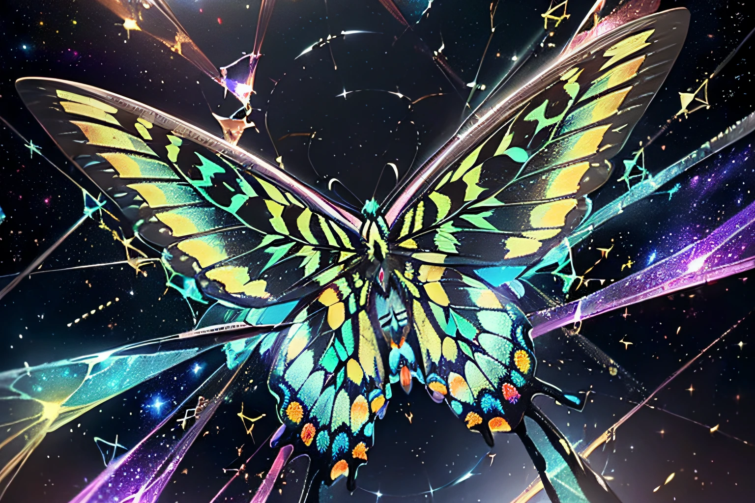 (chaotic swallowtail is fused butterfly and phoenix and snowflake:1.3), (((steel and glass coating space universe background:1.3))), intricate insane detail glow, (gliding:1.2), digital paint, paradox of fantasy and dark fantasy, explosion of diverse energies, (insane delicate and beautiful stroke:1.1), (intricate details:1.1), rich colors, true masterpiece, (clarity:1.1), (digital matte painting:1.3), chalk art on black light paint coloring,