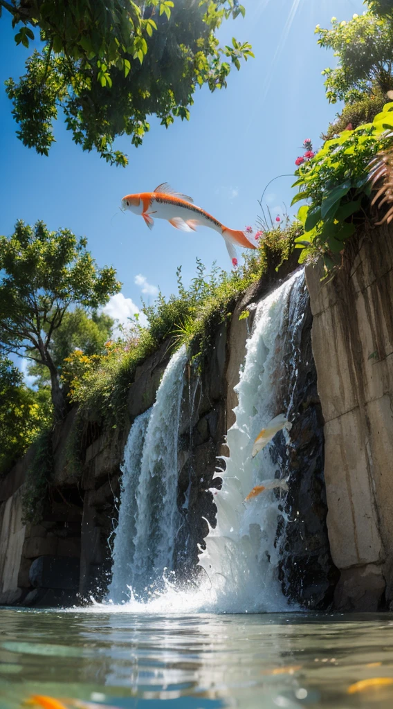 Shoot with a stilt，（Koi fish leap out of the water）， scenecy， vanishing point， from below， tmasterpiece， best qualtiy， 8k， absurderes， waterface， 夏天， mid day， rays of sunshine， blue-sky， ssee-through， depth of fields， A high resolution， finedetail， ultra - detailed， Sharp focus