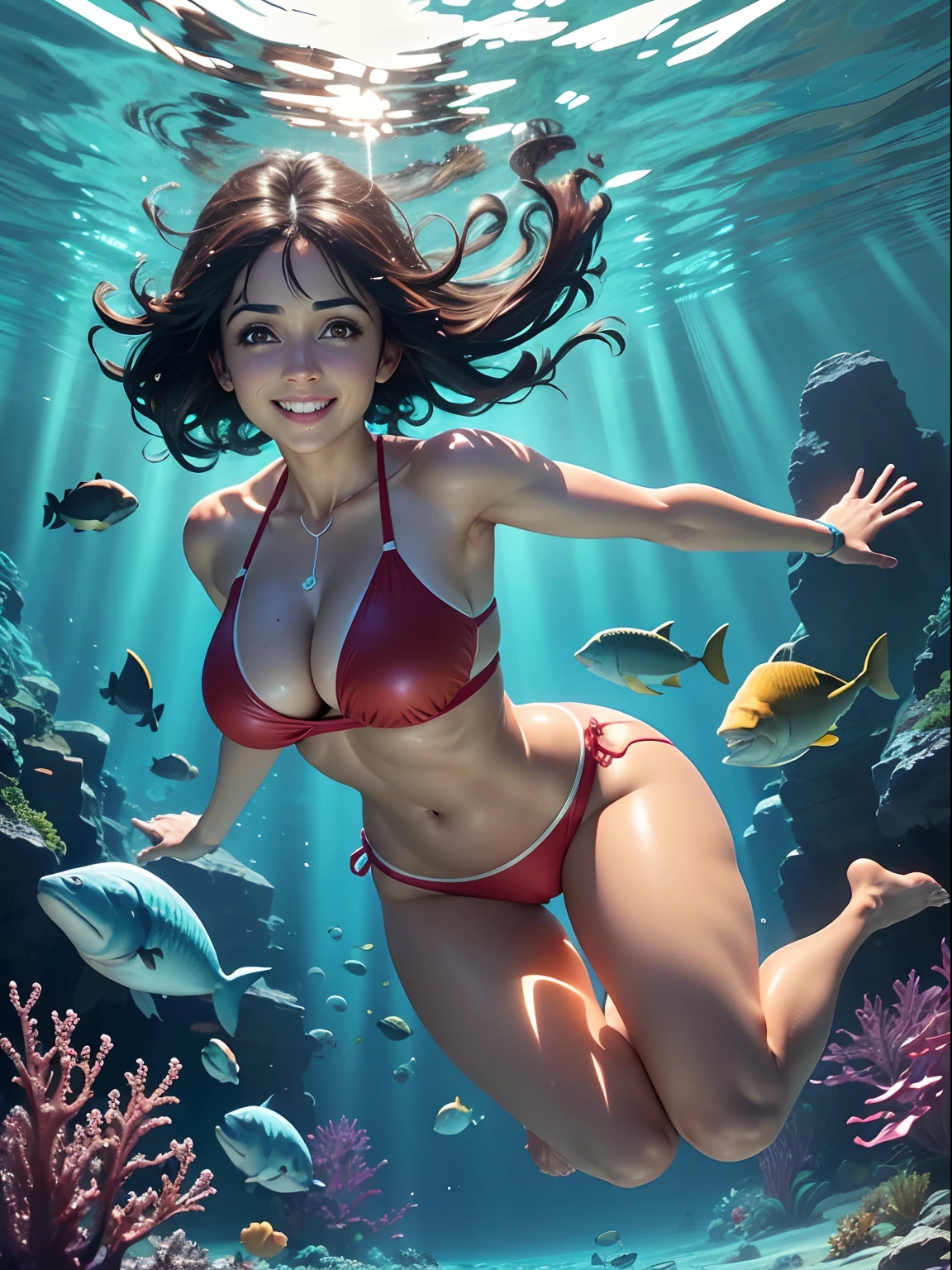 Lucy Verasamy, floating underwater, smiling, oiled skin, full figure, sexy red bikini, wearing flippers, snorkel, diving mask, hair floating, cleavage, bare thighs, bare legs, bare arms, cameltoe, tiny breasts, fish, shark, sunbeams shining down through turquoise water, oxygen bubbles rising, dramatic light, deep shadows