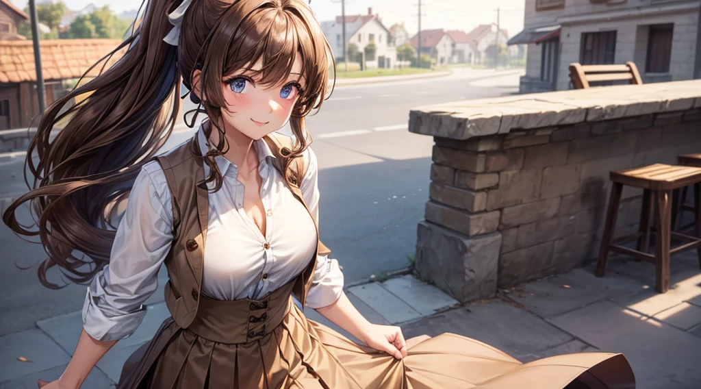 1girl, solo, mediaval, village, street, long hair, brown hair, curly hair, ponytail, large breasts, button down, ((light brown vest sweeter)), dark blue eyes, ((white shirt)), ((unbuttoned shirt)), ((long brown skirt)), smile, looking at the viewer, standing, hair ribbon