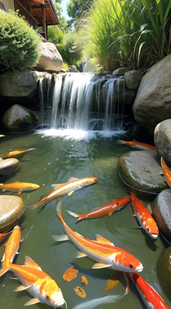 Shoot with a stilt，（Koi fish leap out of the water）， scenecy， vanishing point， from below， tmasterpiece， best qualtiy， 8k， absurderes， waterface， 夏天， mid day， rays of sunshine， blue-sky， ssee-through， depth of fields， A high resolution， finedetail， ultra - detailed， Sharp focus