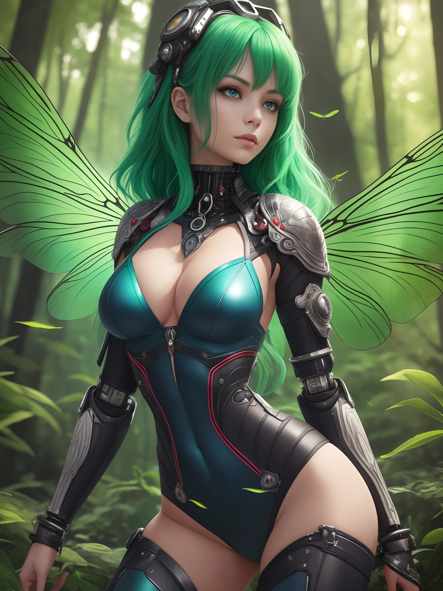 fairy with dragonfly wings full body green hair Girl extreme beauty In cybernetic leotard Outfit and jeans Outside On dark forest ((Skinny Petite)), Photorealistic Photo Masterpiece Realistic Realism Photorealism High Contrast Photorealistic Digital Art Trending in Artstation 8k HD High Definition Detailed Detailed Skin Texture Hyper-Detailed Realistic Skin Texture Armor Best Quality   Ultra High Resolution, (Photorealistic: 1.4), High Resolution  -imagine - --auto --s2