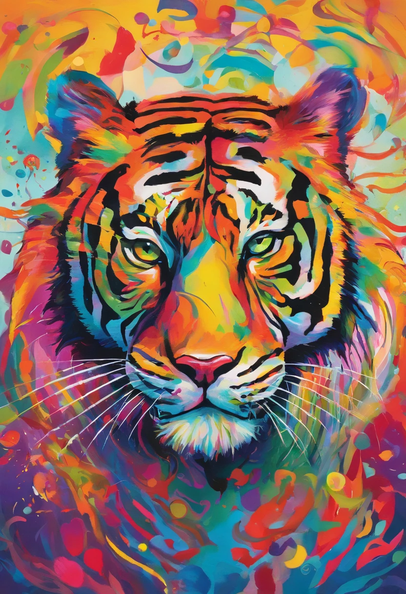 de la haute qualité, masutepiece, paitage à l’aquarelle, Technique de nettoyage, coloré, Peinture dégoulinante et éparpillée, Des peintures comme Agnes Cecil, Floue, Toucher pâle, Contours sales, Comme dans un conte de fées, Jeune homme écoutant de la musique avec des écouteurs, Il s’agit d’un design en deux parties, partie gauche et partie droite, sur le thème d’un tigre puissant et aux couleurs de l’arc-en-ciel. La partie gauche représente le tigre qui prend une pose légèrement profilé, orné d’un motif aux couleurs de l’arc-en-ciel sur son corps et un bonnet de Noël sur la tête. La partie droite sur le thème du tag, du street art et de la bière, on y retrouve une inscription légèrement dissimulé cette inscription dit : Rom2. C’est une œuvre qui exprime la beauté d’un tigre puissant fusionné au graffiti.