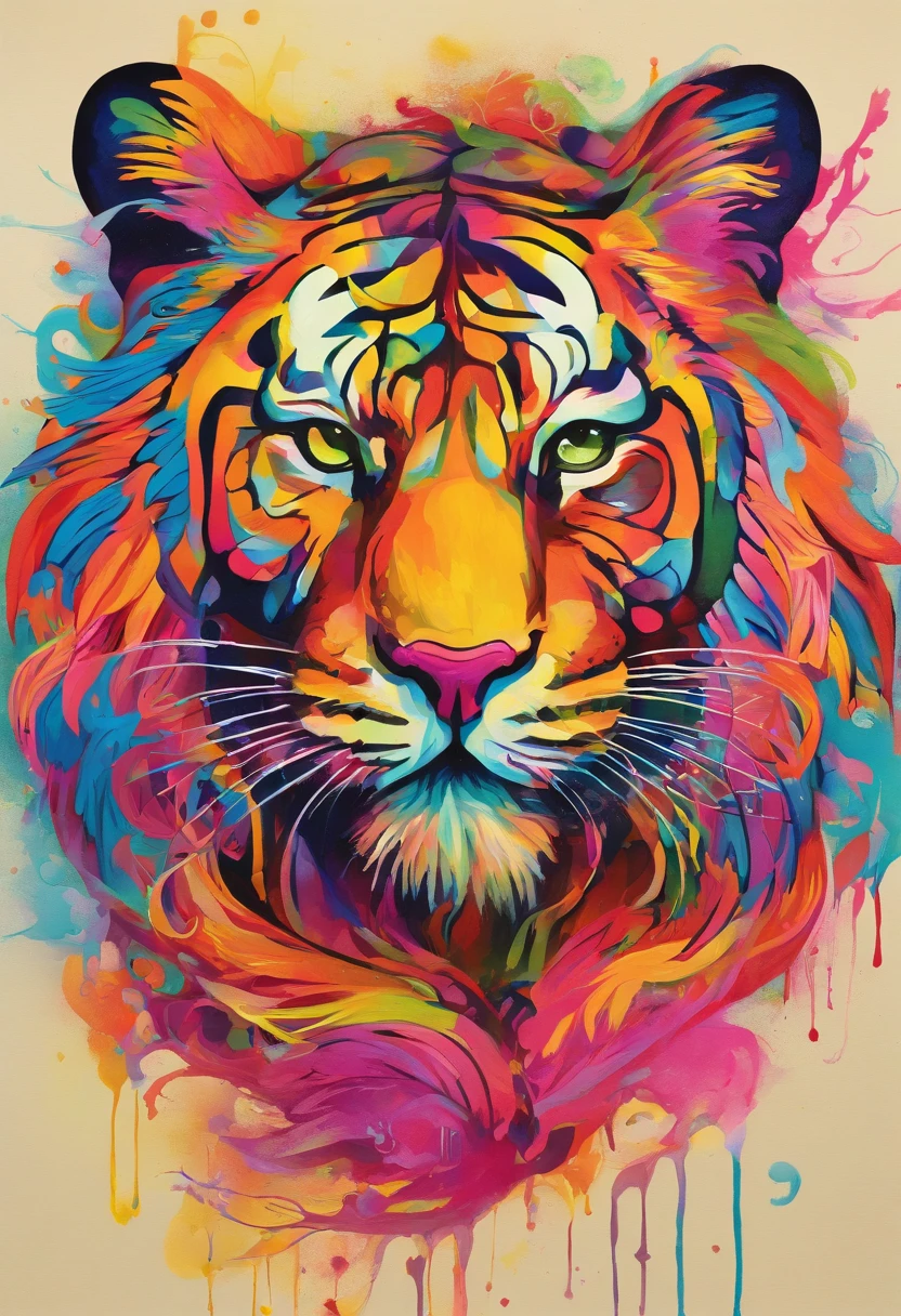 de la haute qualité, masutepiece, paitage à l’aquarelle, Technique de nettoyage, coloré, Peinture dégoulinante et éparpillée, Des peintures comme Agnes Cecil, Floue, Toucher pâle, Contours sales, Comme dans un conte de fées, Jeune homme écoutant de la musique avec des écouteurs, Il s’agit d’un design en deux parties, partie gauche et partie droite, sur le thème d’un tigre puissant et aux couleurs de l’arc-en-ciel. La partie gauche représente le tigre qui prend une pose légèrement profilé, orné d’un motif aux couleurs de l’arc-en-ciel sur son corps et un bonnet de Noël sur la tête. La partie droite sur le thème du tag, du street art et de la bière, on y retrouve une inscription légèrement dissimulé cette inscription dit : Rom2. C’est une œuvre qui exprime la beauté d’un tigre puissant fusionné au graffiti.