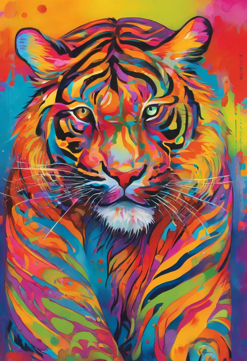 de la haute qualité, masutepiece, paitage à l’aquarelle, Technique de nettoyage, coloré, Peinture dégoulinante et éparpillée, Des peintures comme Agnes Cecil, Floue, Toucher pâle, Contours sales, Comme dans un conte de fées, Jeune homme écoutant de la musique avec des écouteurs, Il s’agit d’un design en deux parties, partie gauche et partie droite, sur le thème d’un tigre puissant et aux couleurs de l’arc-en-ciel. La partie gauche représente le tigre qui prend une pose légèrement profilé, orné d’un motif aux couleurs de l’arc-en-ciel sur son corps et un bonnet de Noël sur la tête. La partie droite sur le thème du tag, du street art et de la bière, on y retrouve une inscription légèrement dissimulé cette inscription dit : Rom2. C’est une œuvre qui exprime la beauté d’un tigre puissant fusionné au graffiti.