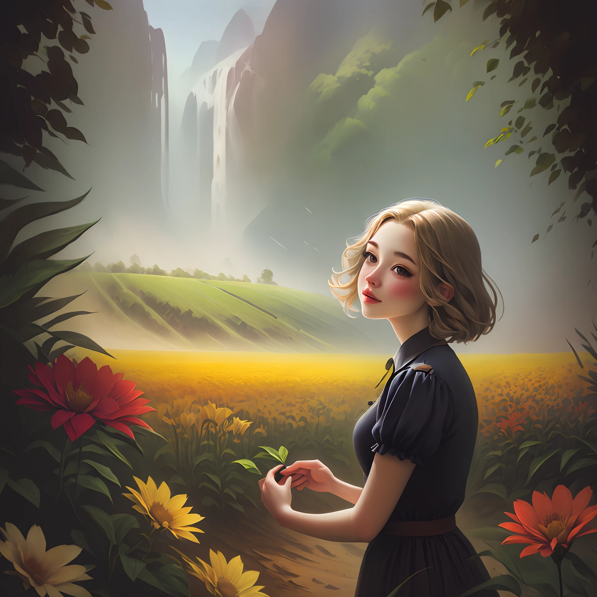 flower field girl with illustratio